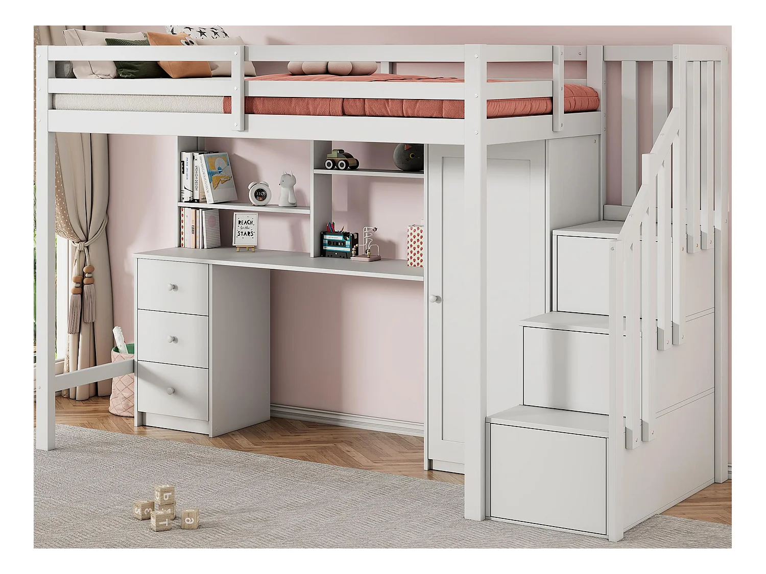 Lit mezzanine 90x200cm en bois - avec bureau、armoire et escalier de rangement - Blanc