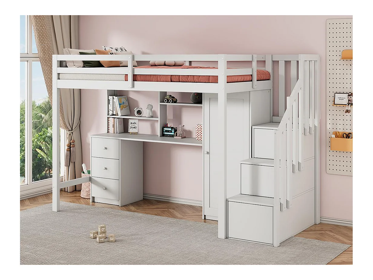 Houten mezzaninebed 90x200cm - met bureau, kledingkast en opbergtrap - Wit