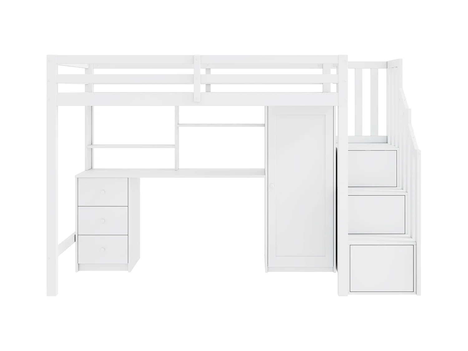 Lit mezzanine 90x200cm en bois - avec bureau、armoire et escalier de rangement - Blanc