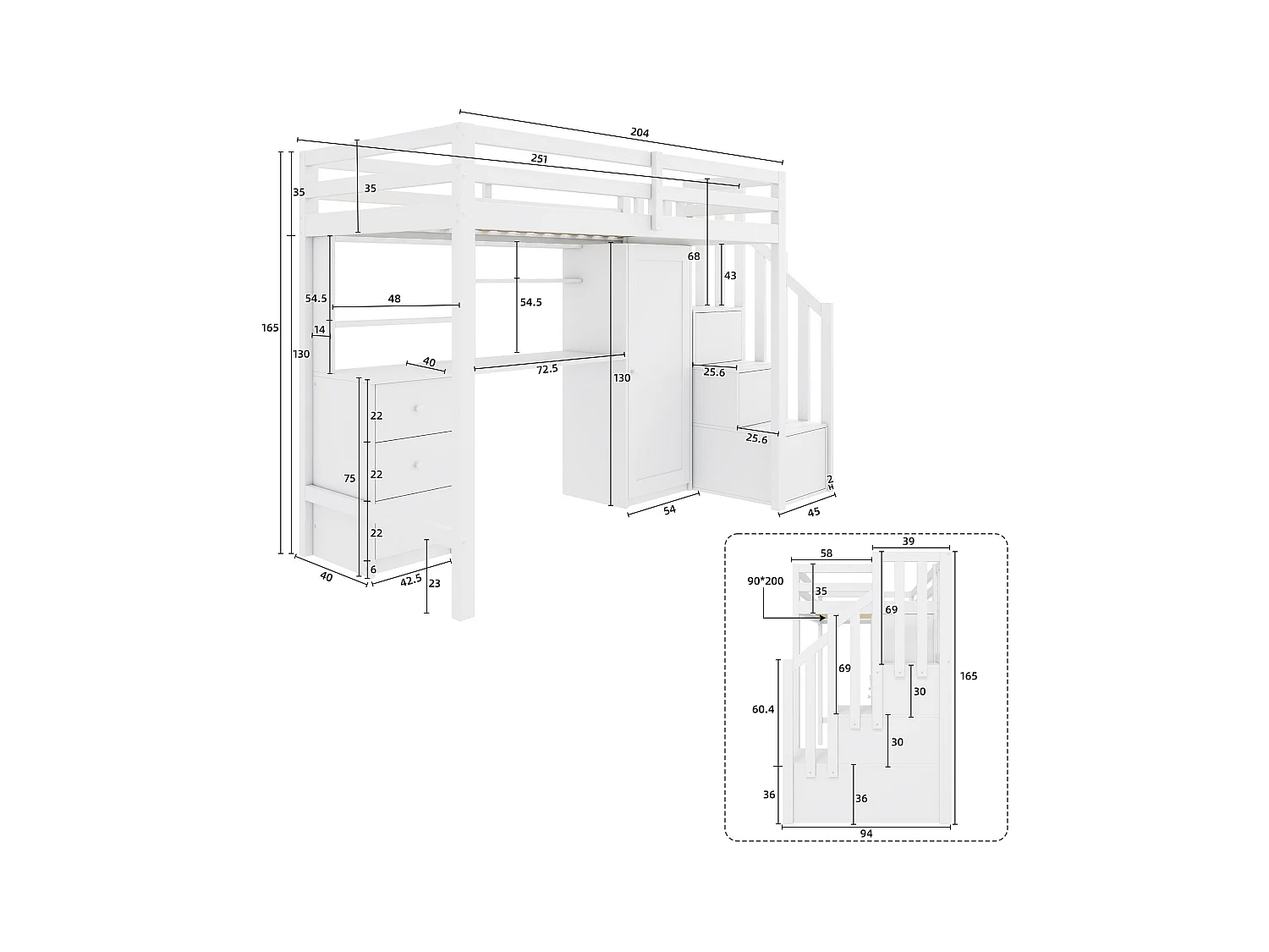Lit mezzanine 90x200cm en bois - avec bureau、armoire et escalier de rangement - Blanc