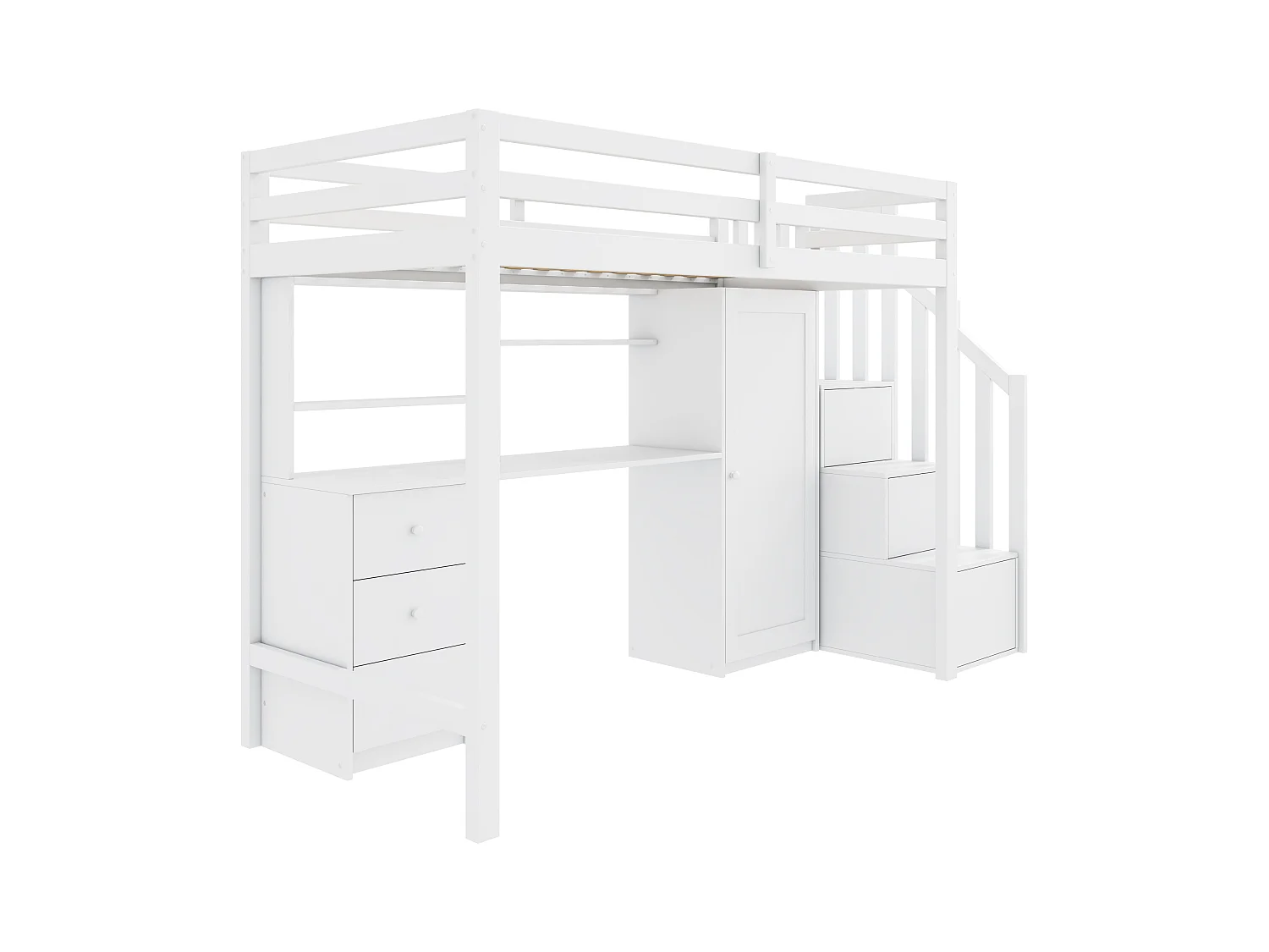 Lit mezzanine 90x200cm en bois - avec bureau、armoire et escalier de rangement - Blanc