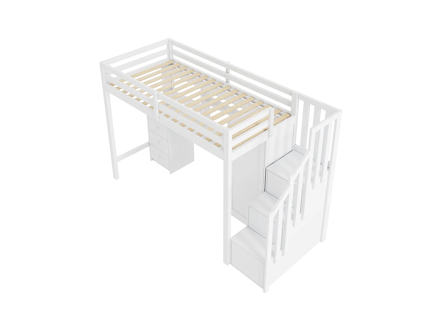 Lit mezzanine 90x200cm en bois - avec bureau、armoire et escalier de rangement - Blanc