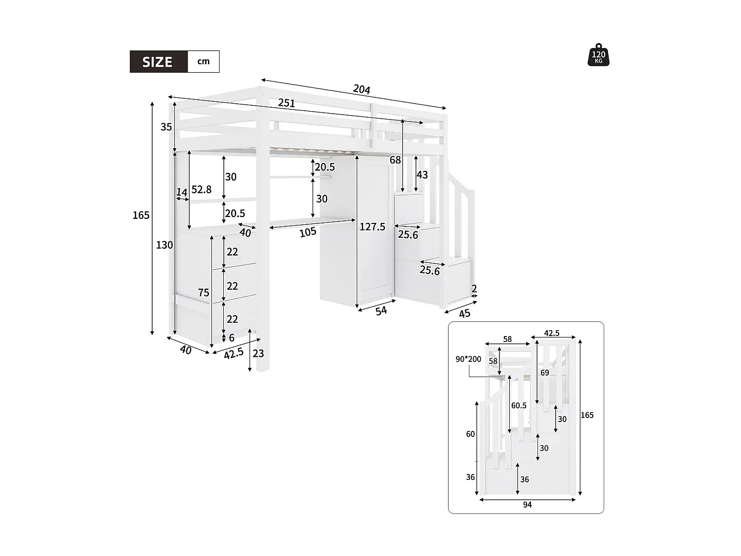 Lit mezzanine 90x200cm en bois - avec bureau、armoire et escalier de rangement - Blanc