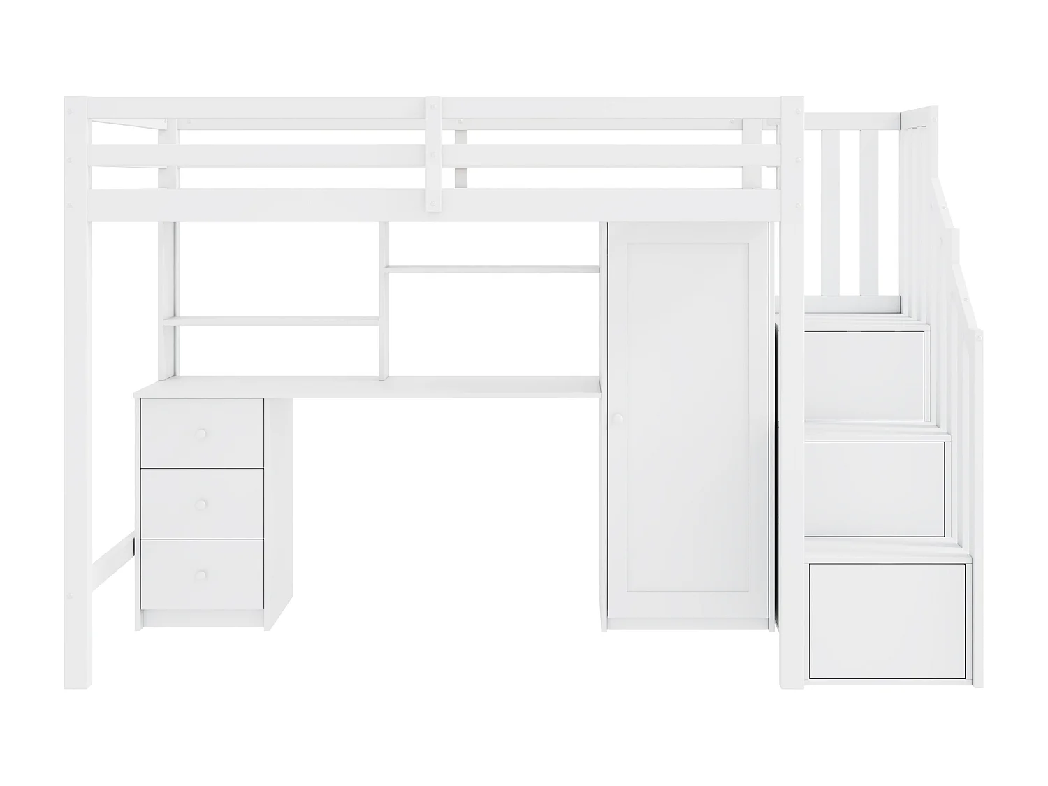 Lit mezzanine 90x200cm en bois - avec bureau、armoire et escalier de rangement - Blanc