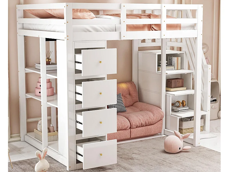 Cama altillo de madera maciza de 140x200 cm - con 4 cajones y escalera almacenaje - Blanco (colchón no incluido)