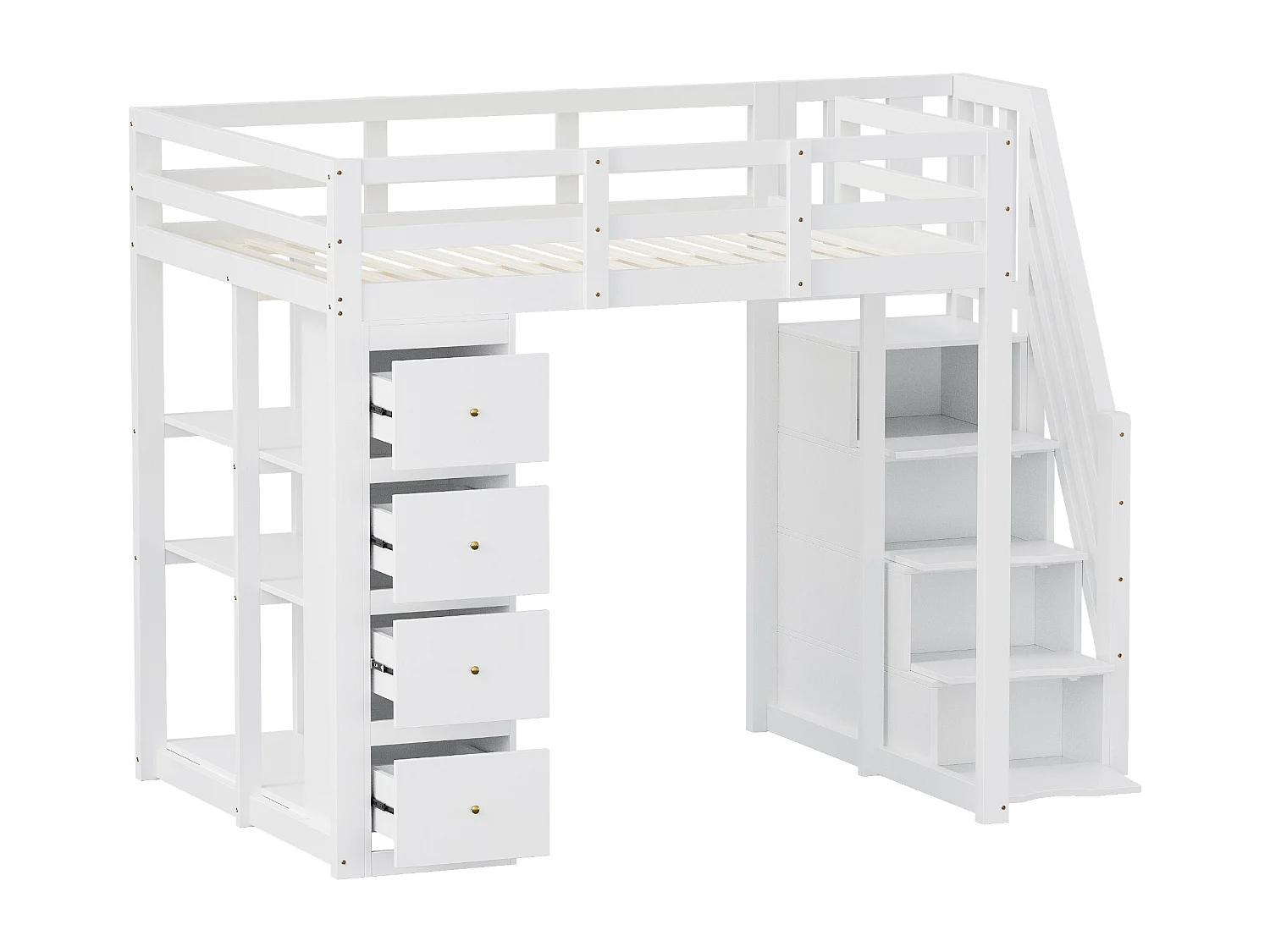 Łóżko mezzanine 140x200cm z litego drewna - z 4 szufladami i schodami do przechowywania - Białe (materac nie jest w zestawie)