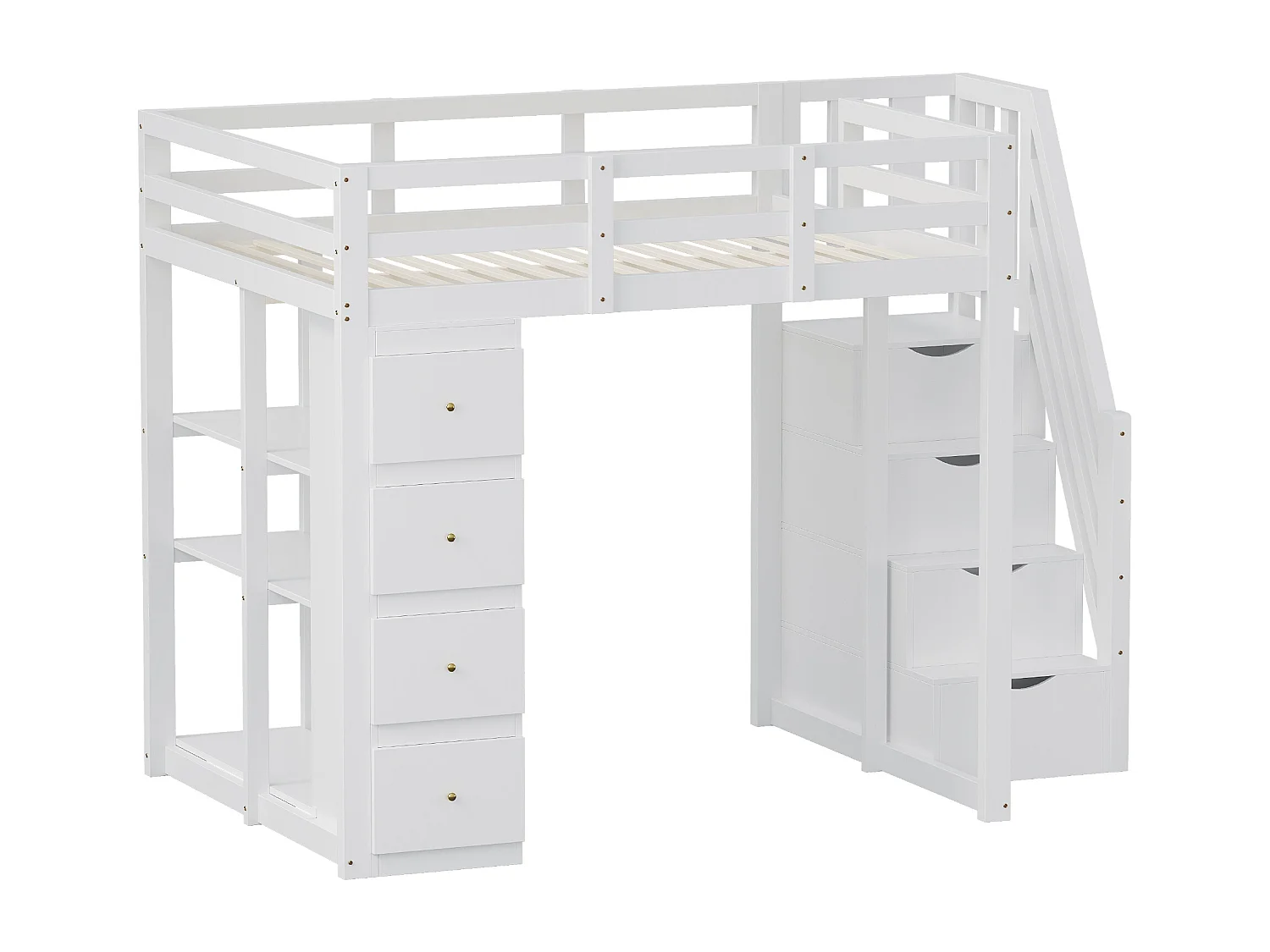 Łóżko mezzanine 140x200cm z litego drewna - z 4 szufladami i schodami do przechowywania - Białe (materac nie jest w zestawie)