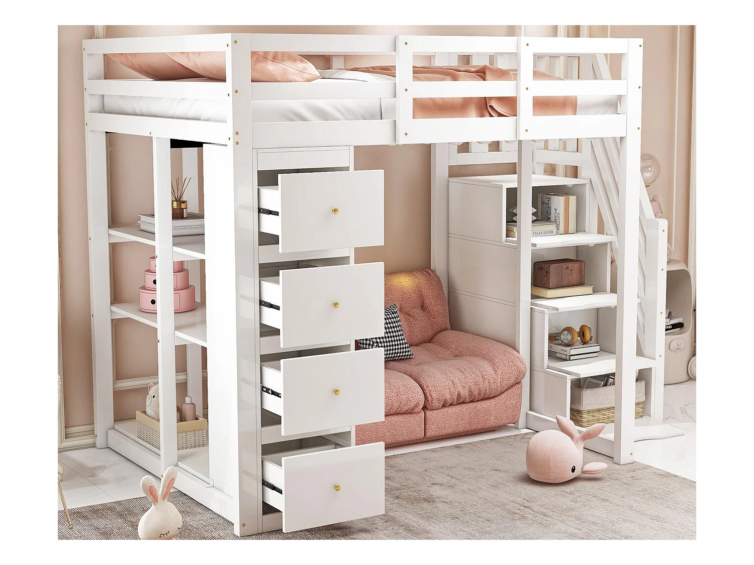 Lit mezzanine 140x200cm en bois massif - avec 4 tiroirs et escalier de rangement - Blanc (matelas non inclus)