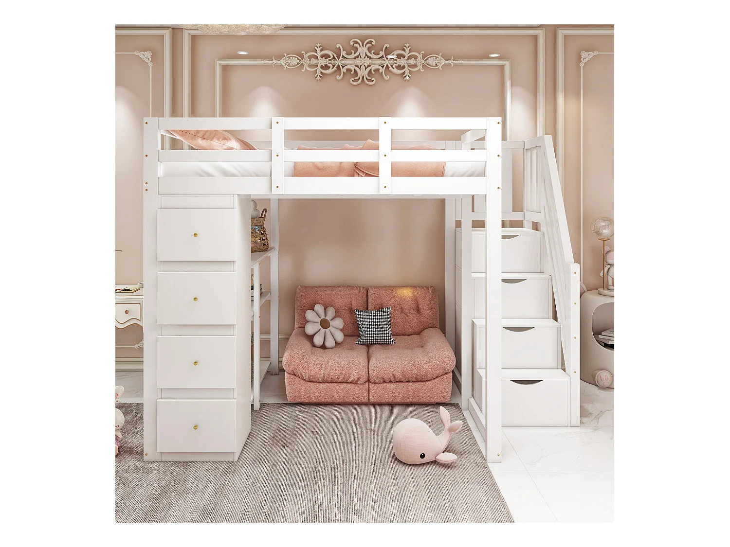 Lit mezzanine 140x200cm en bois massif - avec 4 tiroirs et escalier de rangement - Blanc (matelas non inclus)