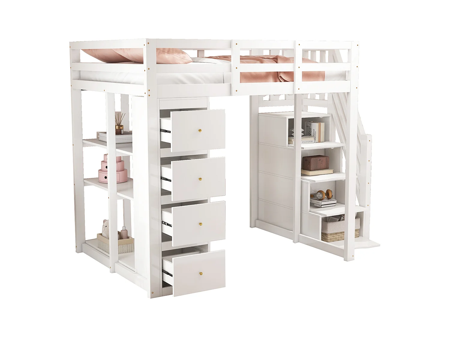 Lit mezzanine 140x200cm en bois massif - avec 4 tiroirs et escalier de rangement - Blanc (matelas non inclus)