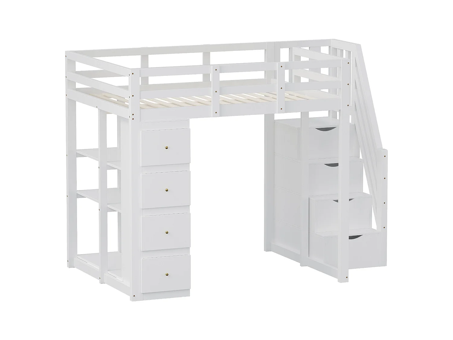 Lit mezzanine 140x200cm en bois massif - avec 4 tiroirs et escalier de rangement - Blanc (matelas non inclus)