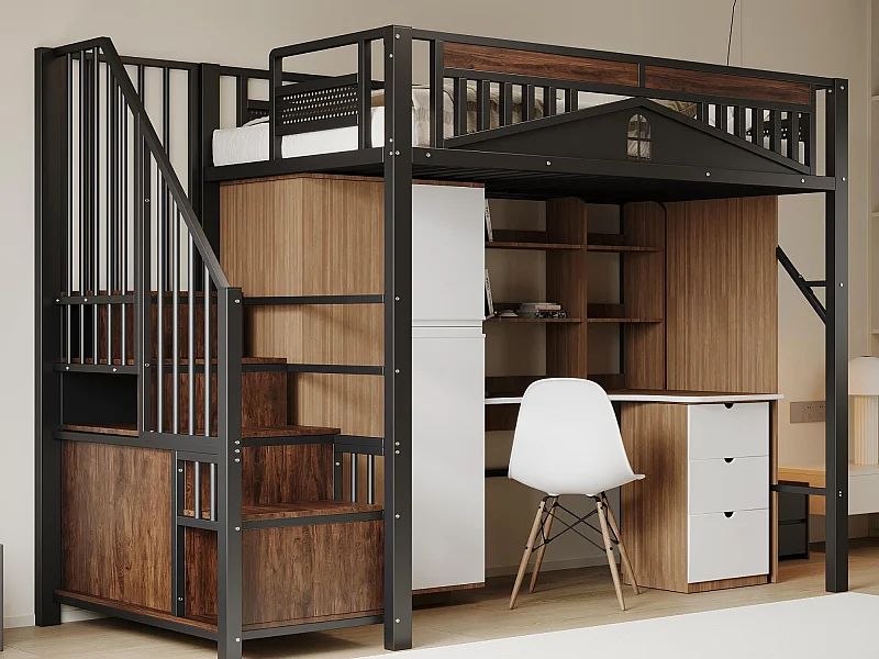 Metall-Hochbett 90 x 200 cm – mit Aufbewahrungsleiter – Schwarz (Matratze nicht im Lieferumfang enthalten)