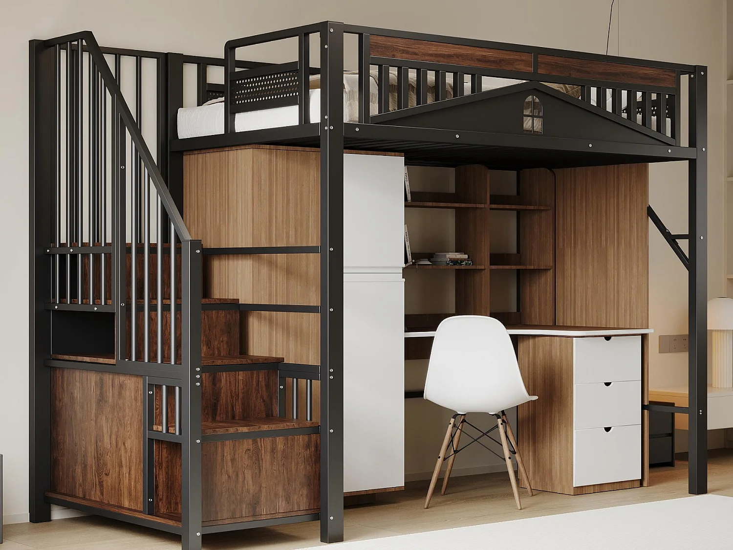 Lit mezzanine en métal 90x200cm - avec échelle de rangement - Noir (matelas non inclus)