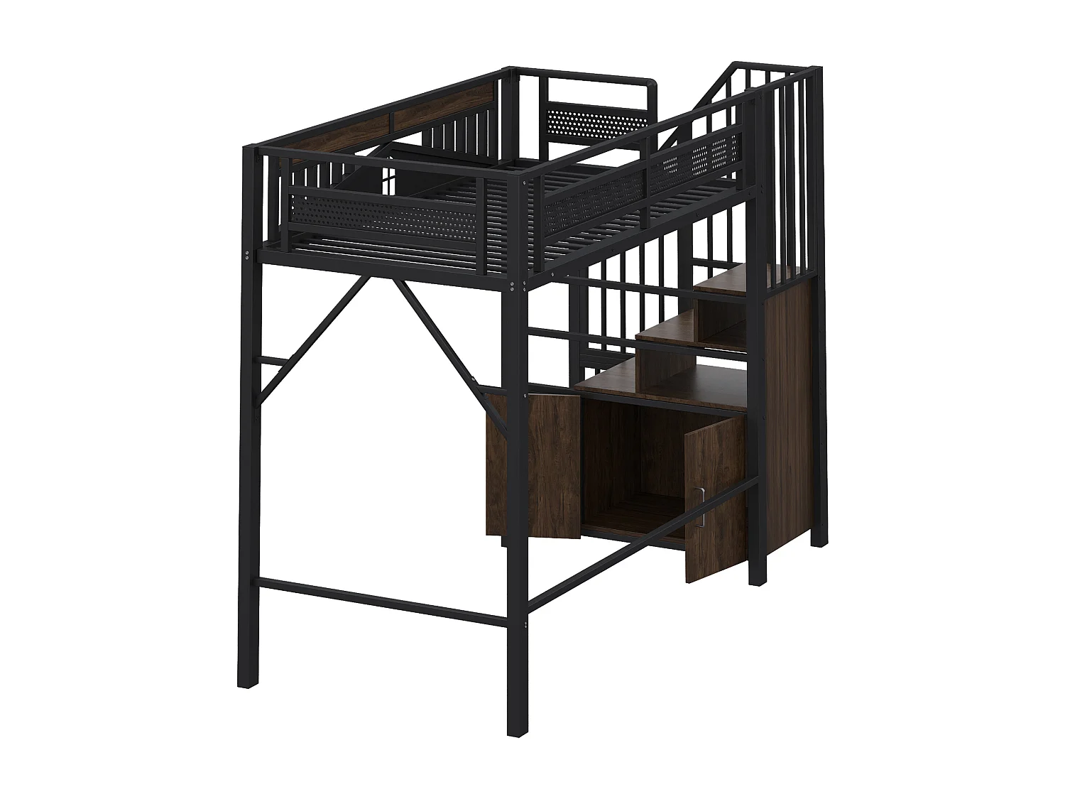 Lit mezzanine en métal 90x200cm - avec échelle de rangement - Noir (matelas non inclus)