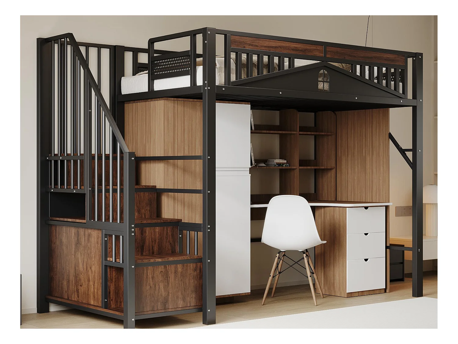 Cama alta de metal 90x200 cm - con escalera de almacenamiento - Negro (colchón no incluido)