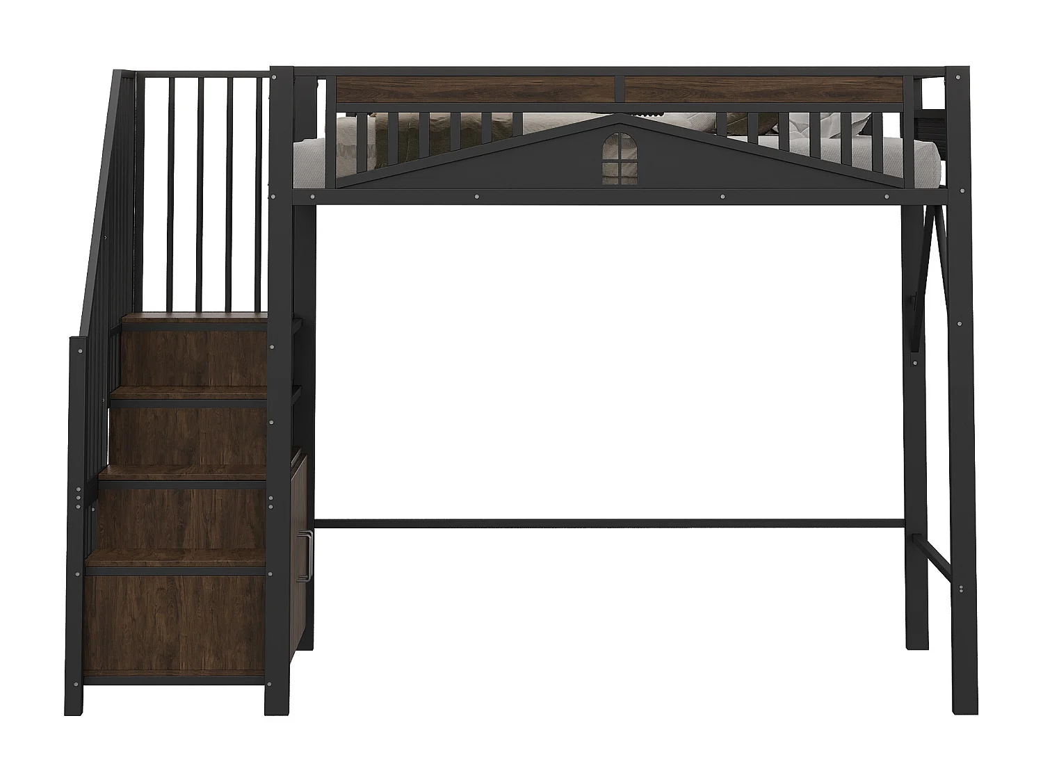 Lit mezzanine en métal 90x200cm - avec échelle de rangement - Noir (matelas non inclus)