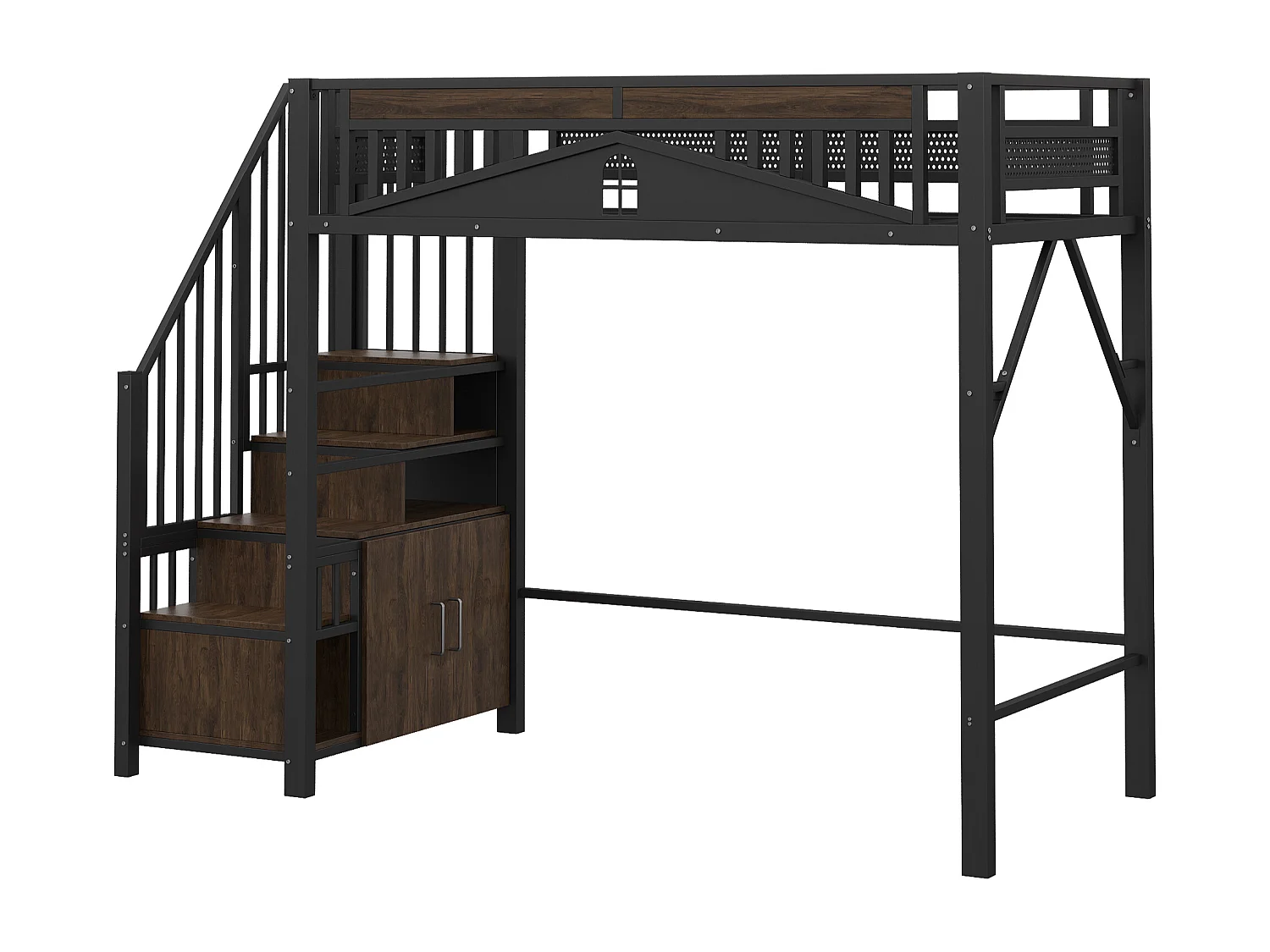 Lit mezzanine en métal 90x200cm - avec échelle de rangement - Noir (matelas non inclus)