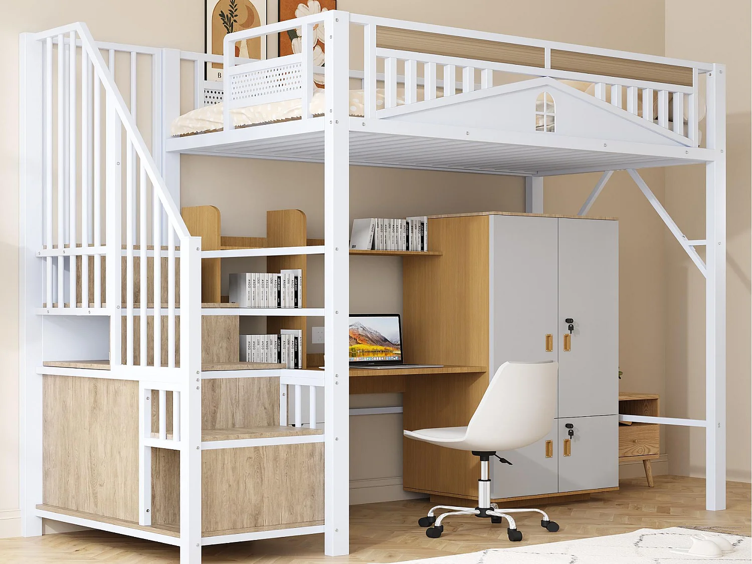 Lit mezzanine en métal 90x200cm - avec échelle de rangement - Blanc (matelas non inclus)