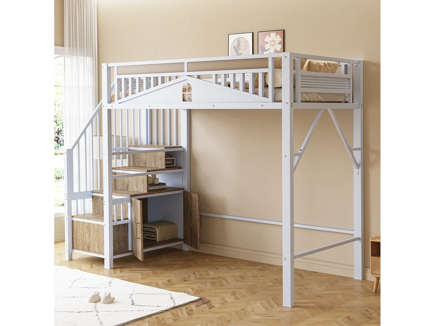 Lit mezzanine en métal 90x200cm - avec échelle de rangement - Blanc (matelas non inclus)