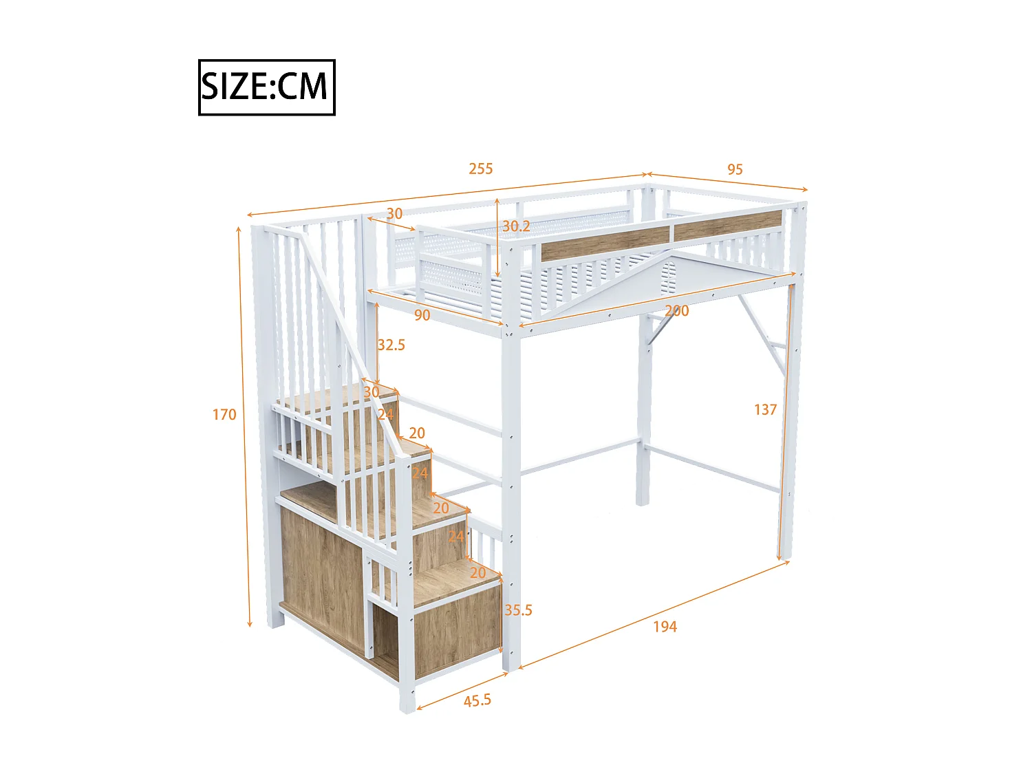 Lit mezzanine en métal 90x200cm - avec échelle de rangement - Blanc (matelas non inclus)