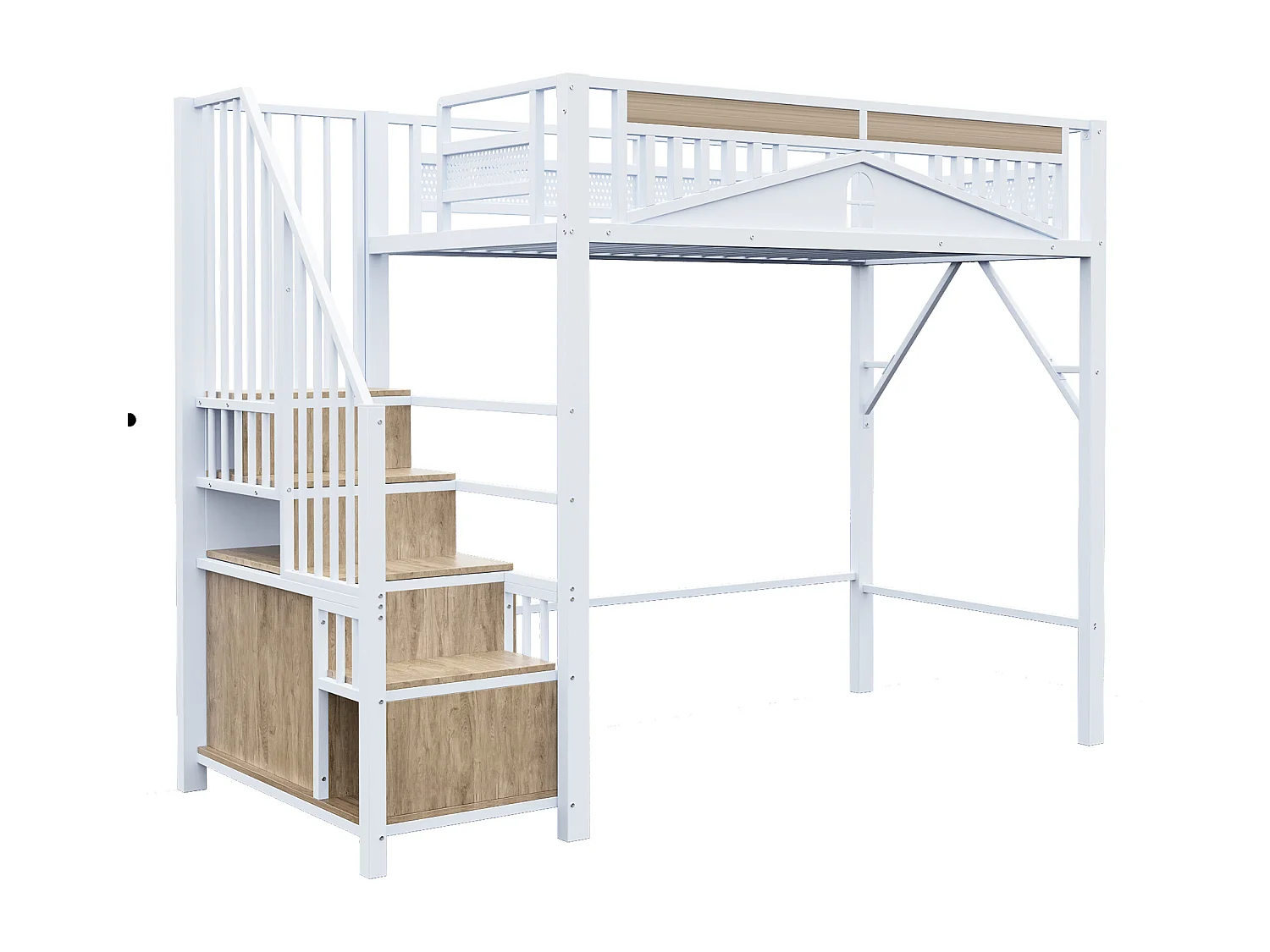 Lit mezzanine en métal 90x200cm - avec échelle de rangement - Blanc (matelas non inclus)