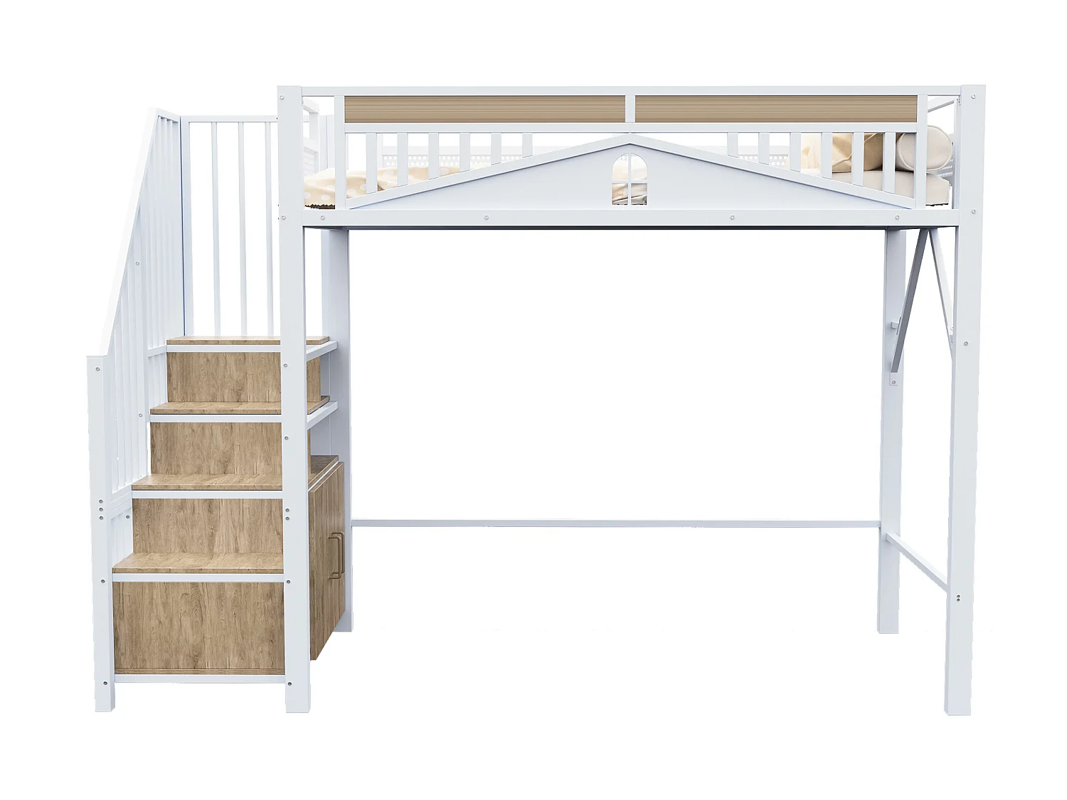Lit mezzanine en métal 90x200cm - avec échelle de rangement - Blanc (matelas non inclus)