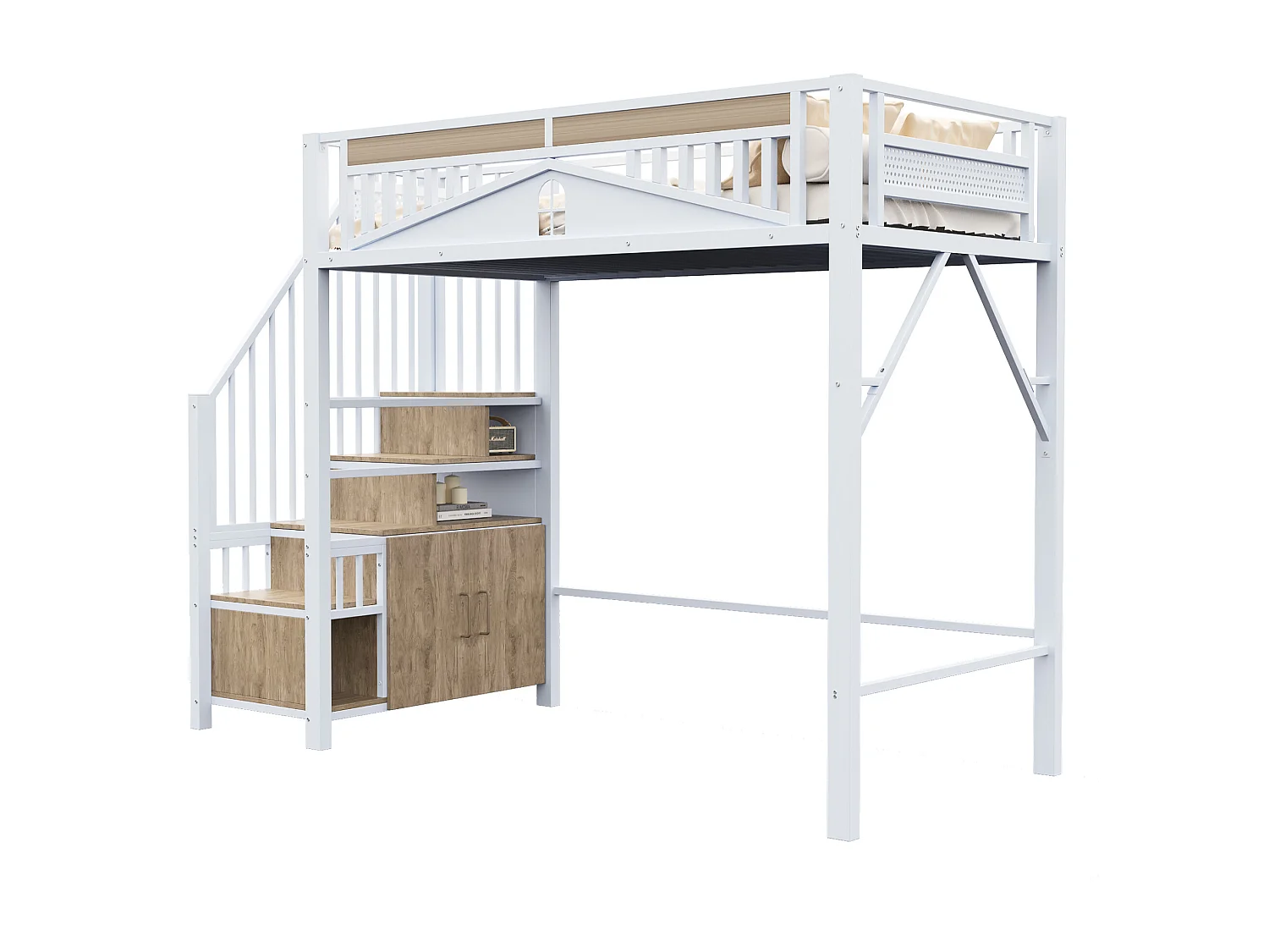 Lit mezzanine en métal 90x200cm - avec échelle de rangement - Blanc (matelas non inclus)