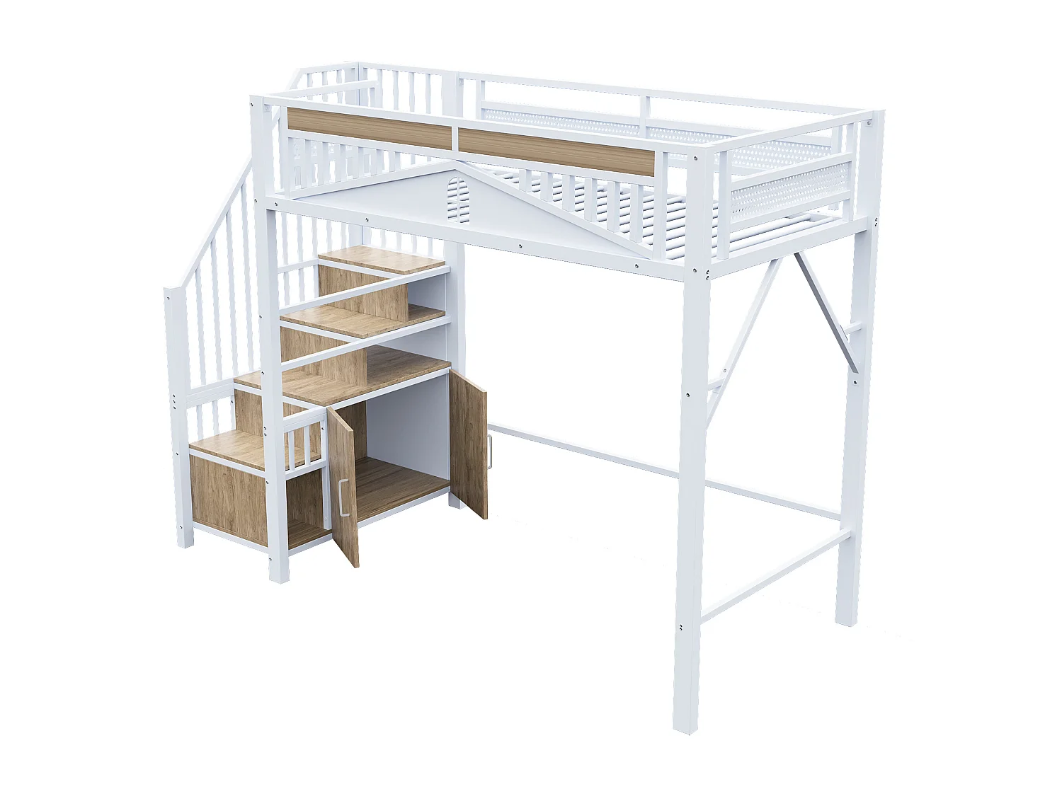 Lit mezzanine en métal 90x200cm - avec échelle de rangement - Blanc (matelas non inclus)