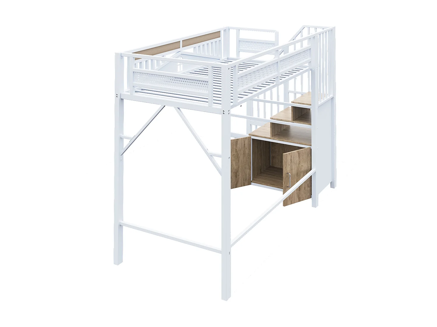 Lit mezzanine en métal 90x200cm - avec échelle de rangement - Blanc (matelas non inclus)