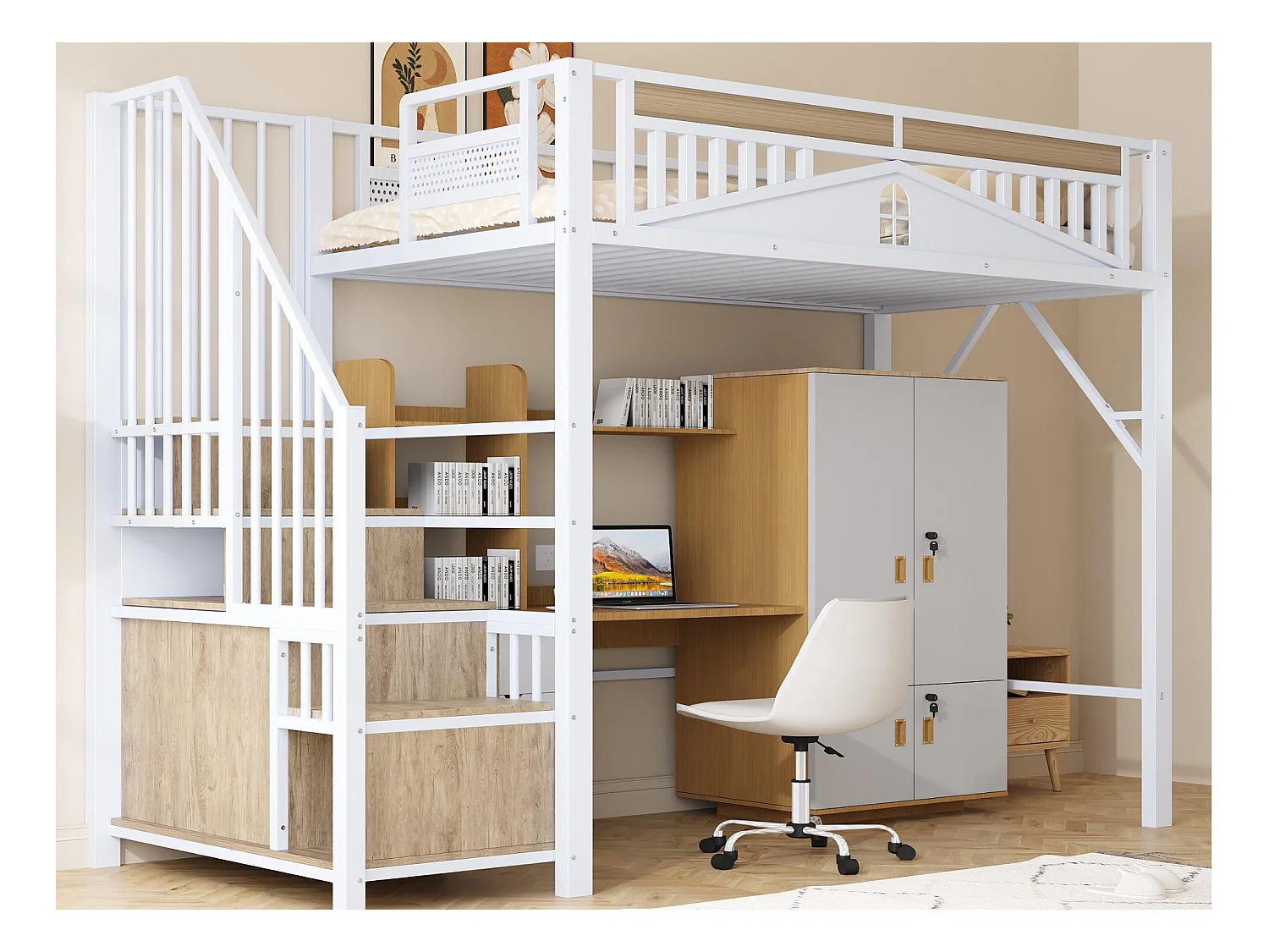Lit mezzanine en métal 90x200cm - avec échelle de rangement - Blanc (matelas non inclus)
