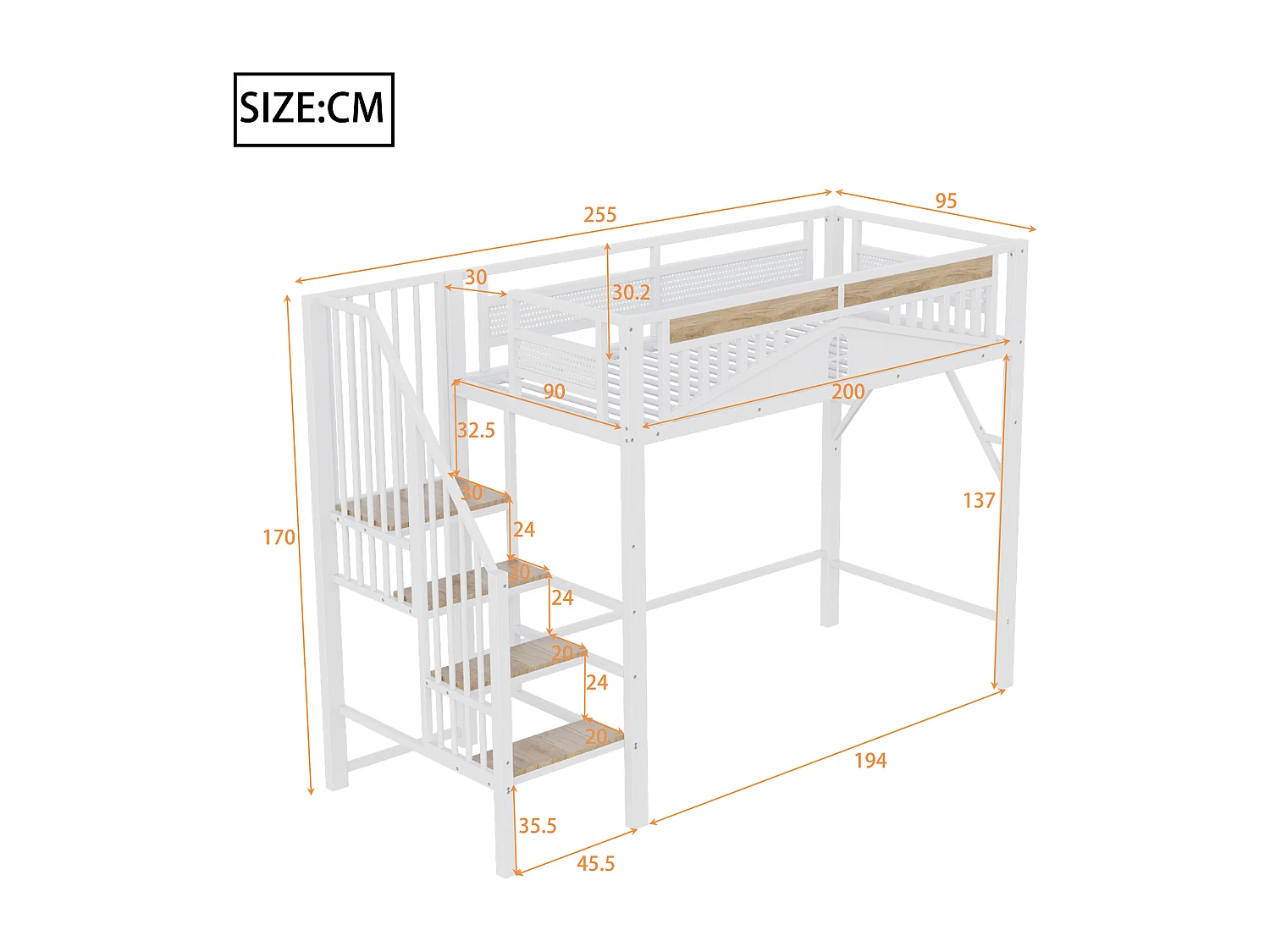 Metalen tussenbed 90x200cm - met verstelbare ladder - Wit (matras niet inbegrepen)