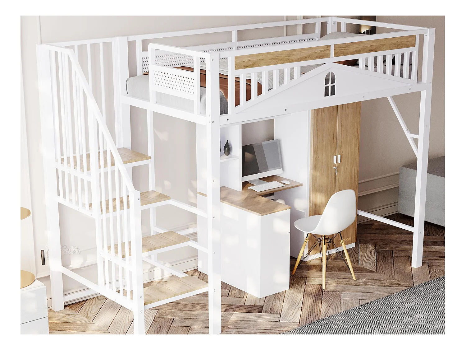 Lit mezzanine en métal 90x200cm - avec échelle modulable - Blanc (matelas non inclus)