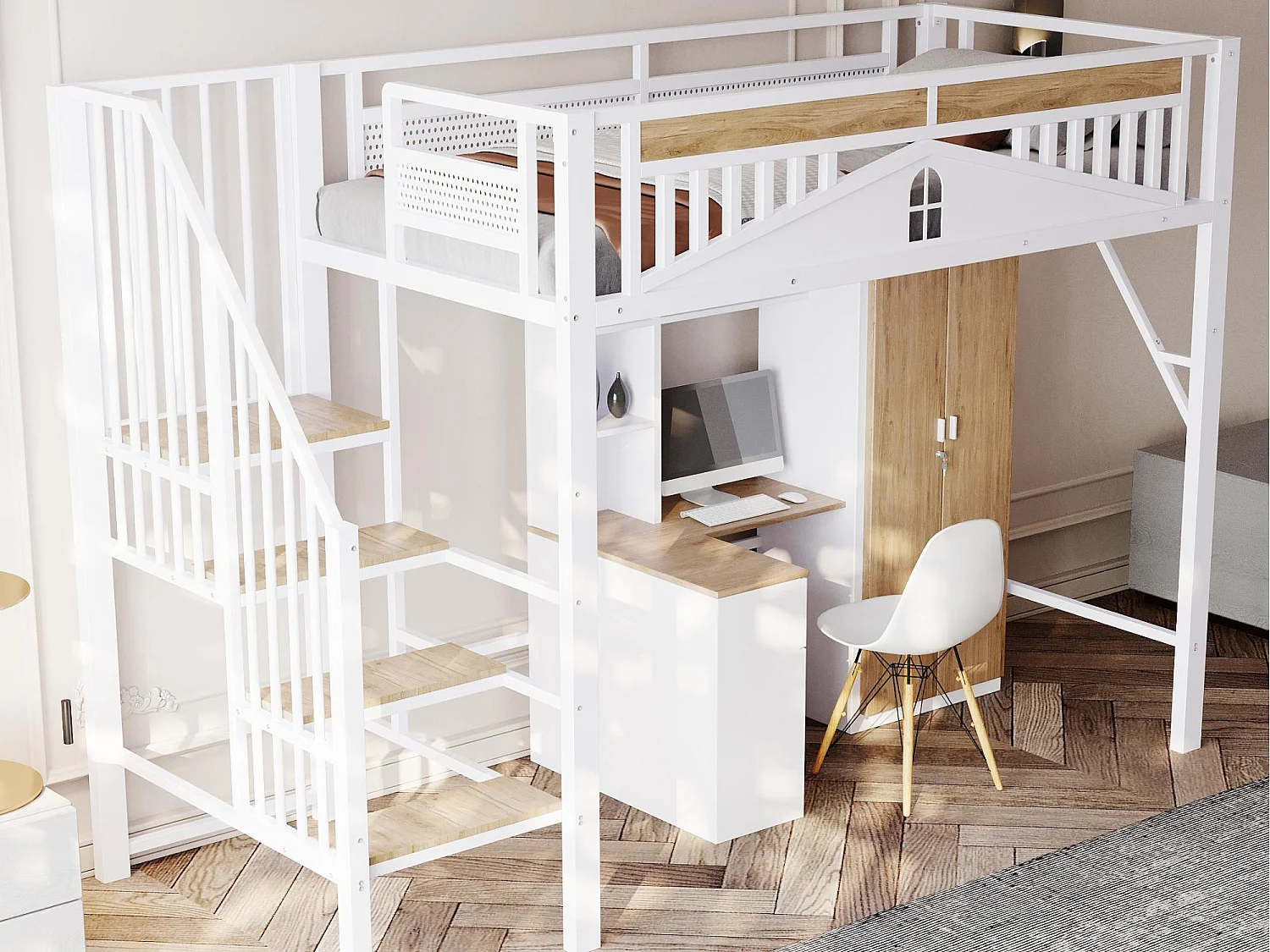 Lit mezzanine en métal 90x200cm - avec échelle modulable - Blanc (matelas non inclus)