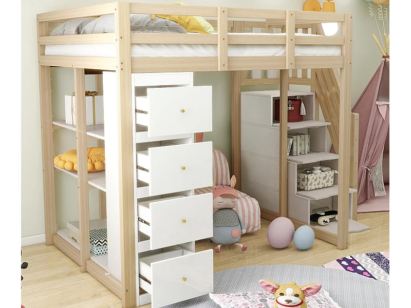 Cama altillo de madera maciza de 140x200 cm - con 4 cajones y escalera almacenaje - Natural (colchón no incluido)