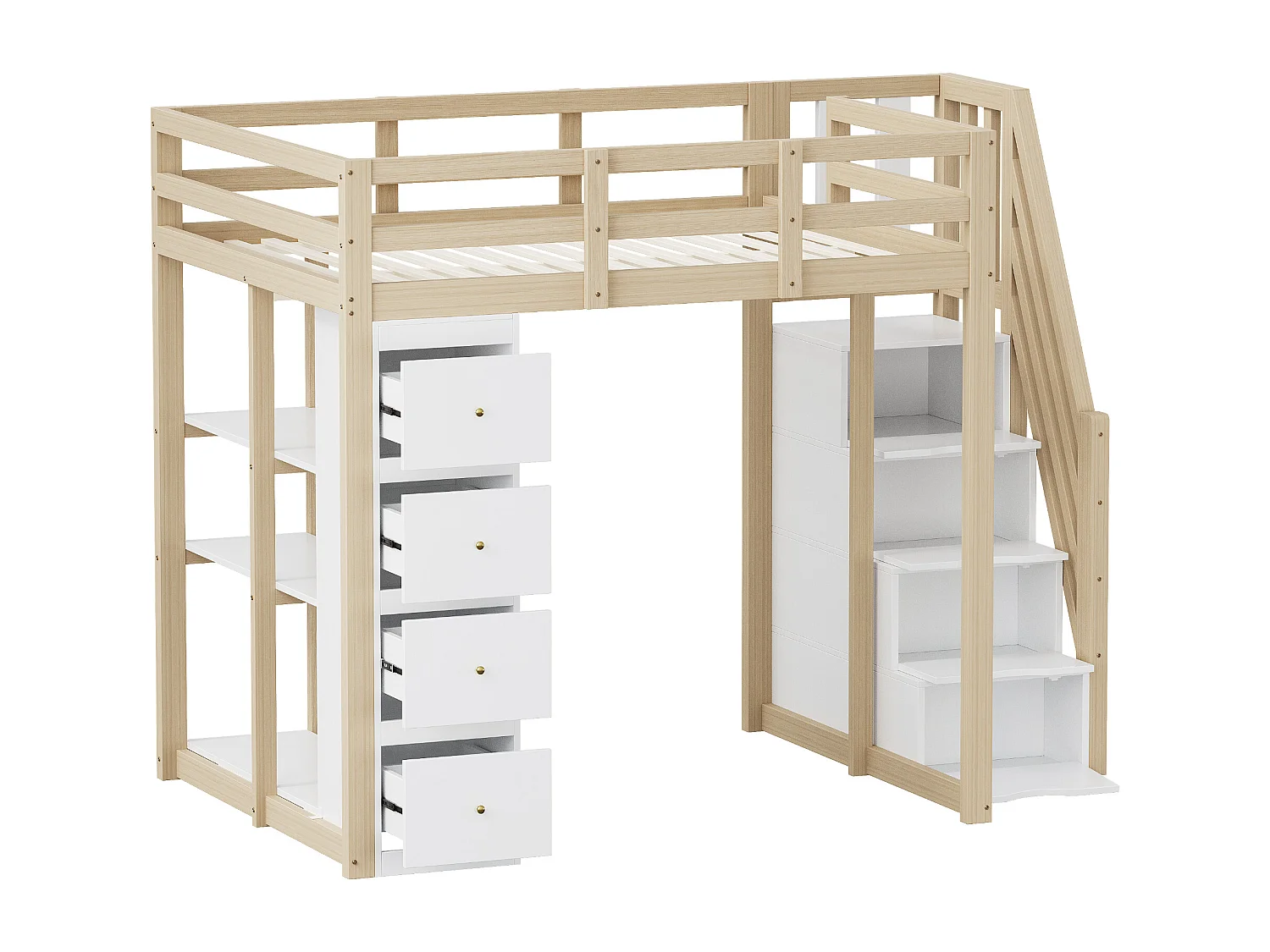 140x200cm Hochbett aus Massivholz – mit 4 Schubladen und Stauraumtreppe – Natur (Matratze nicht im Lieferumfang enthalten)