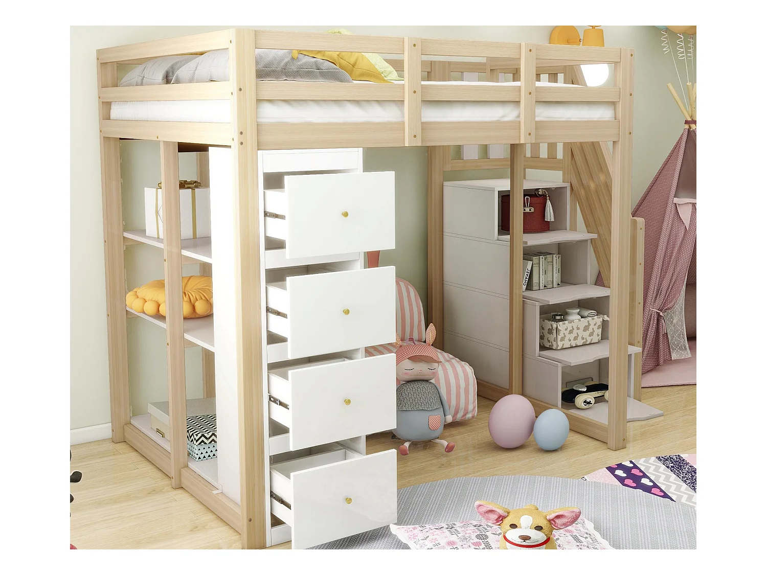 Lit mezzanine 140x200cm en bois massif - avec 4 tiroirs et escalier de rangement - Naturel (matelas non inclus)