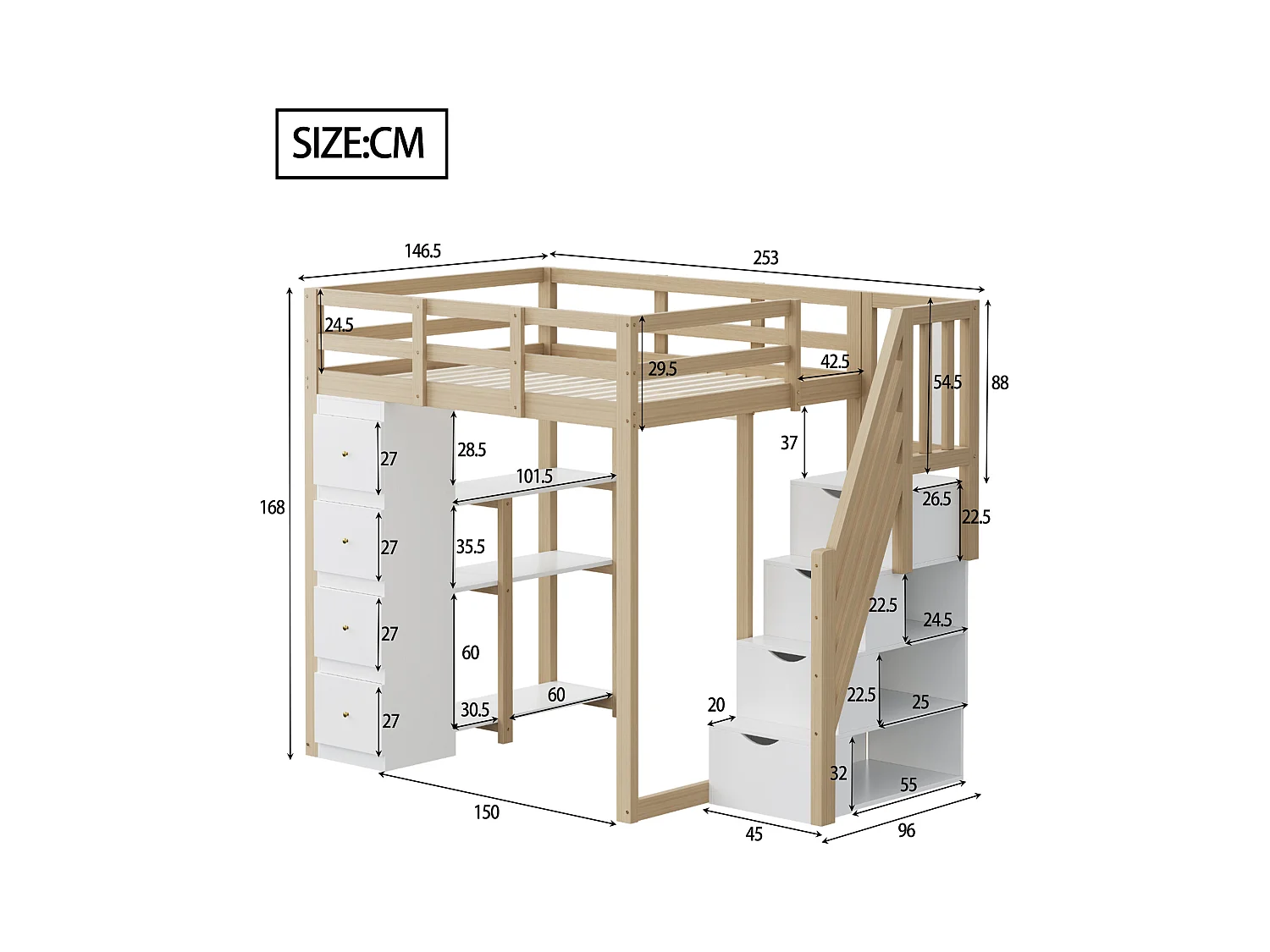 Lit mezzanine 140x200cm en bois massif - avec 4 tiroirs et escalier de rangement - Naturel (matelas non inclus)