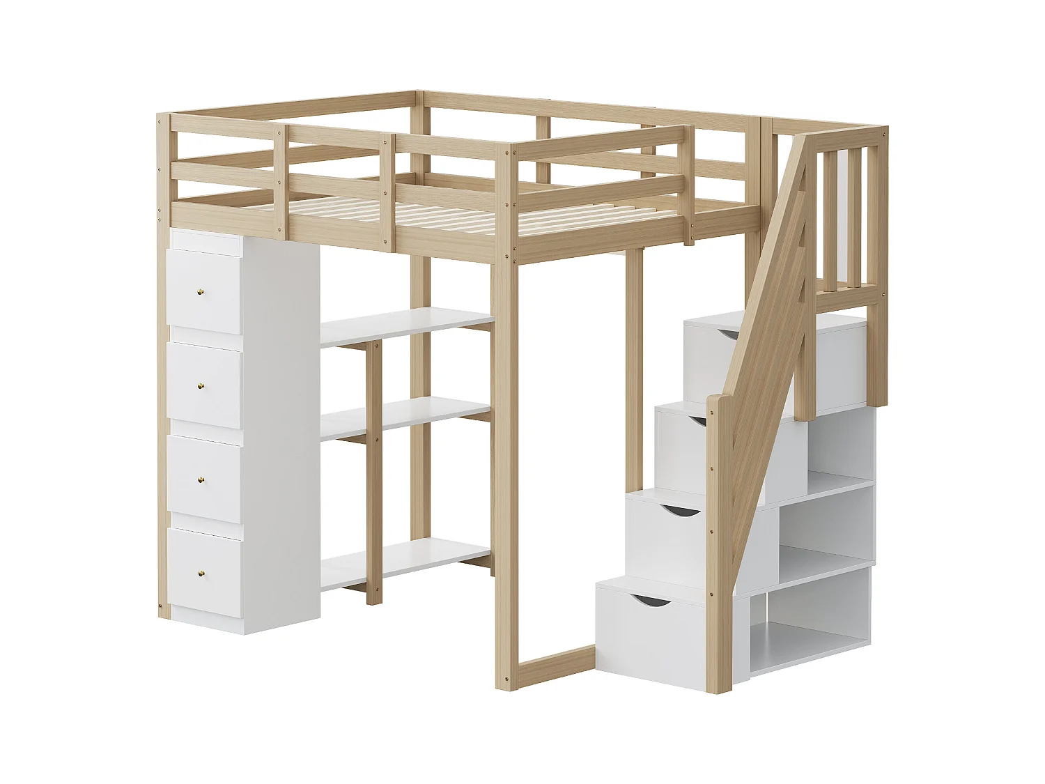 Lit mezzanine 140x200cm en bois massif - avec 4 tiroirs et escalier de rangement - Naturel (matelas non inclus)