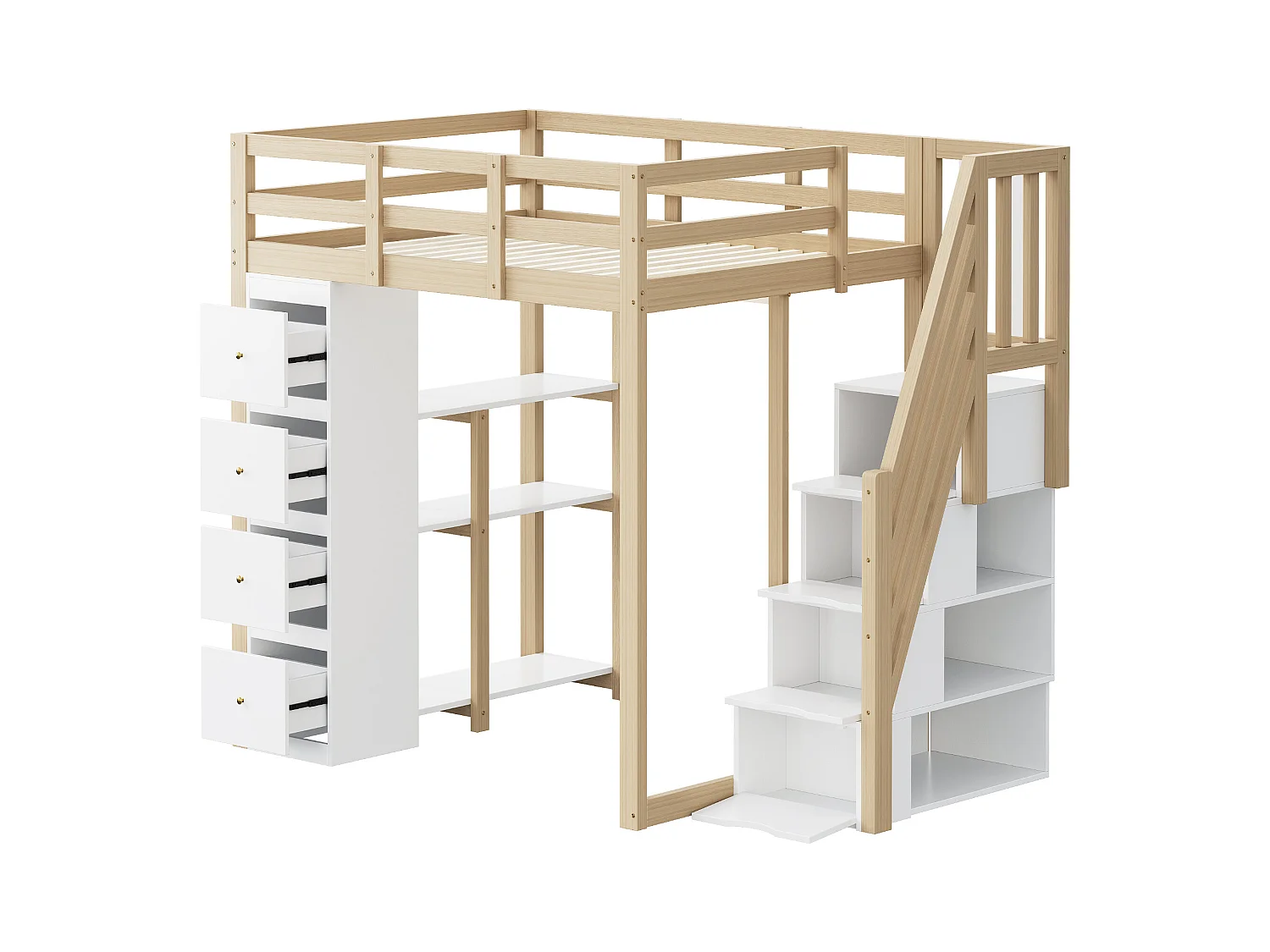 Lit mezzanine 140x200cm en bois massif - avec 4 tiroirs et escalier de rangement - Naturel (matelas non inclus)