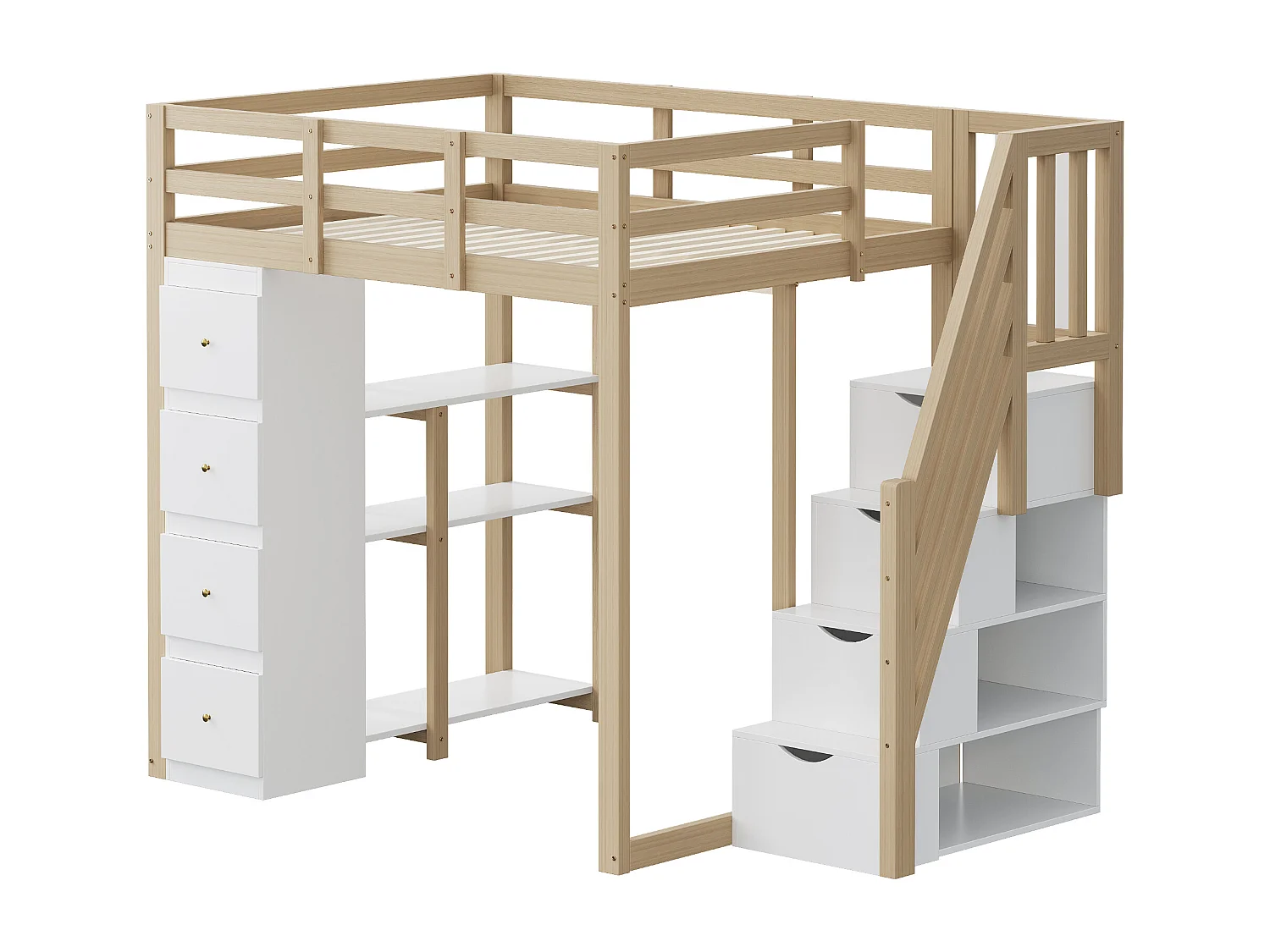 Lit mezzanine 140x200cm en bois massif - avec 4 tiroirs et escalier de rangement - Naturel (matelas non inclus)
