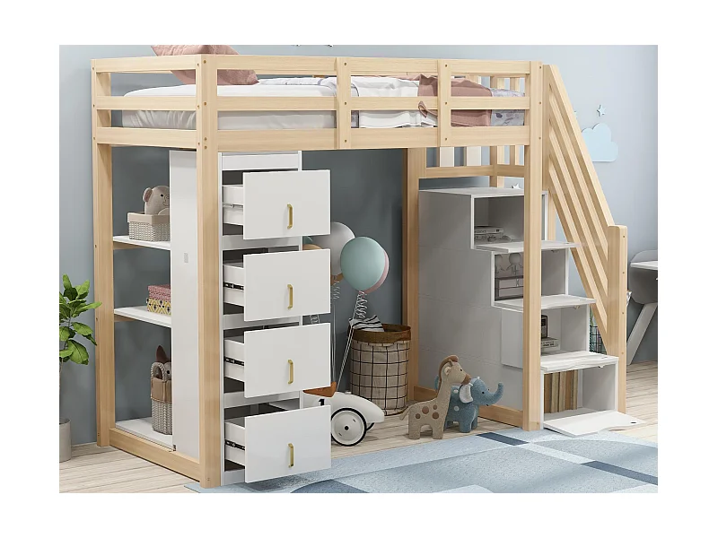 90x200cm Hochbett aus Massivholz – mit 4 Schubladen und Stauraumtreppe – Natur (Matratze nicht im Lieferumfang enthalten)