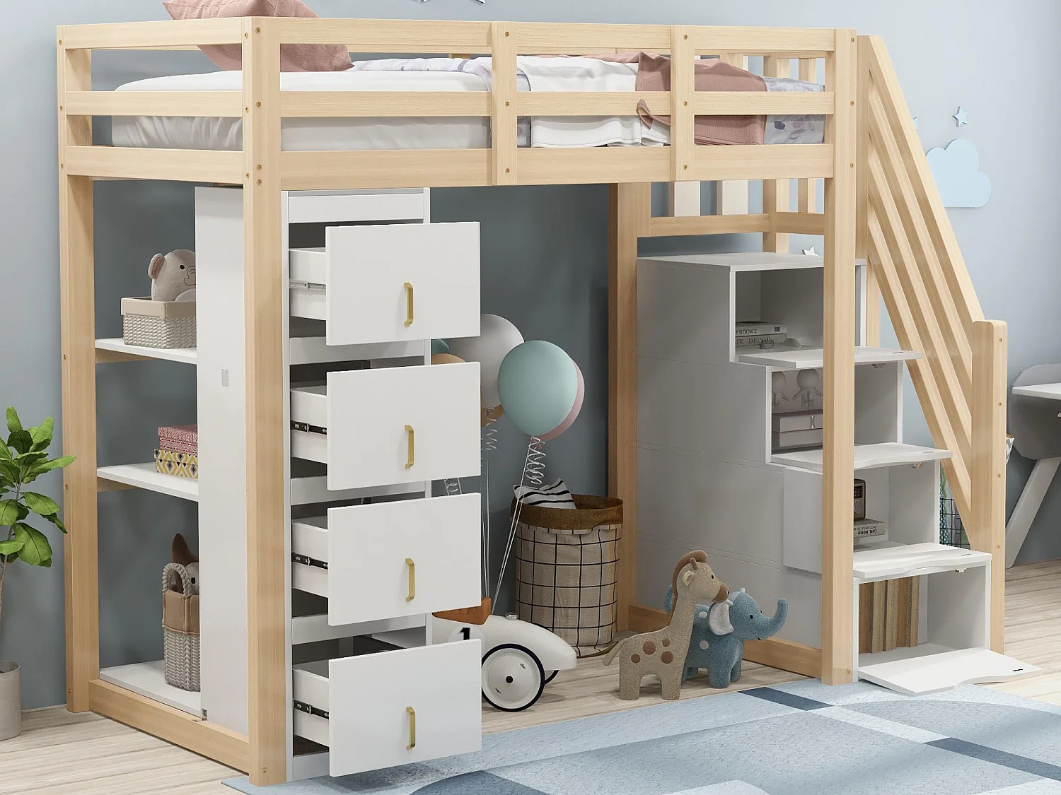 Lit mezzanine 90x200cm en bois massif - avec 4 tiroirs et escalier de rangement - Naturel (matelas non inclus)