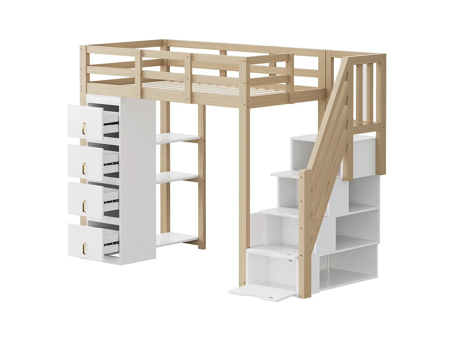 Lit mezzanine 90x200cm en bois massif - avec 4 tiroirs et escalier de rangement - Naturel (matelas non inclus)