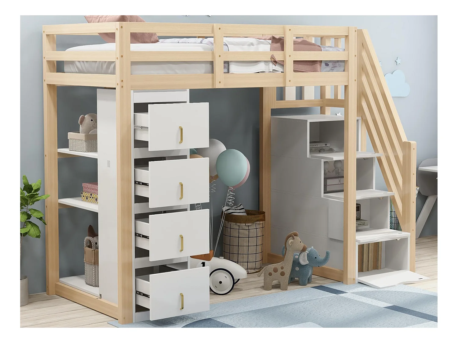 Lit mezzanine 90x200cm en bois massif - avec 4 tiroirs et escalier de rangement - Naturel (matelas non inclus)