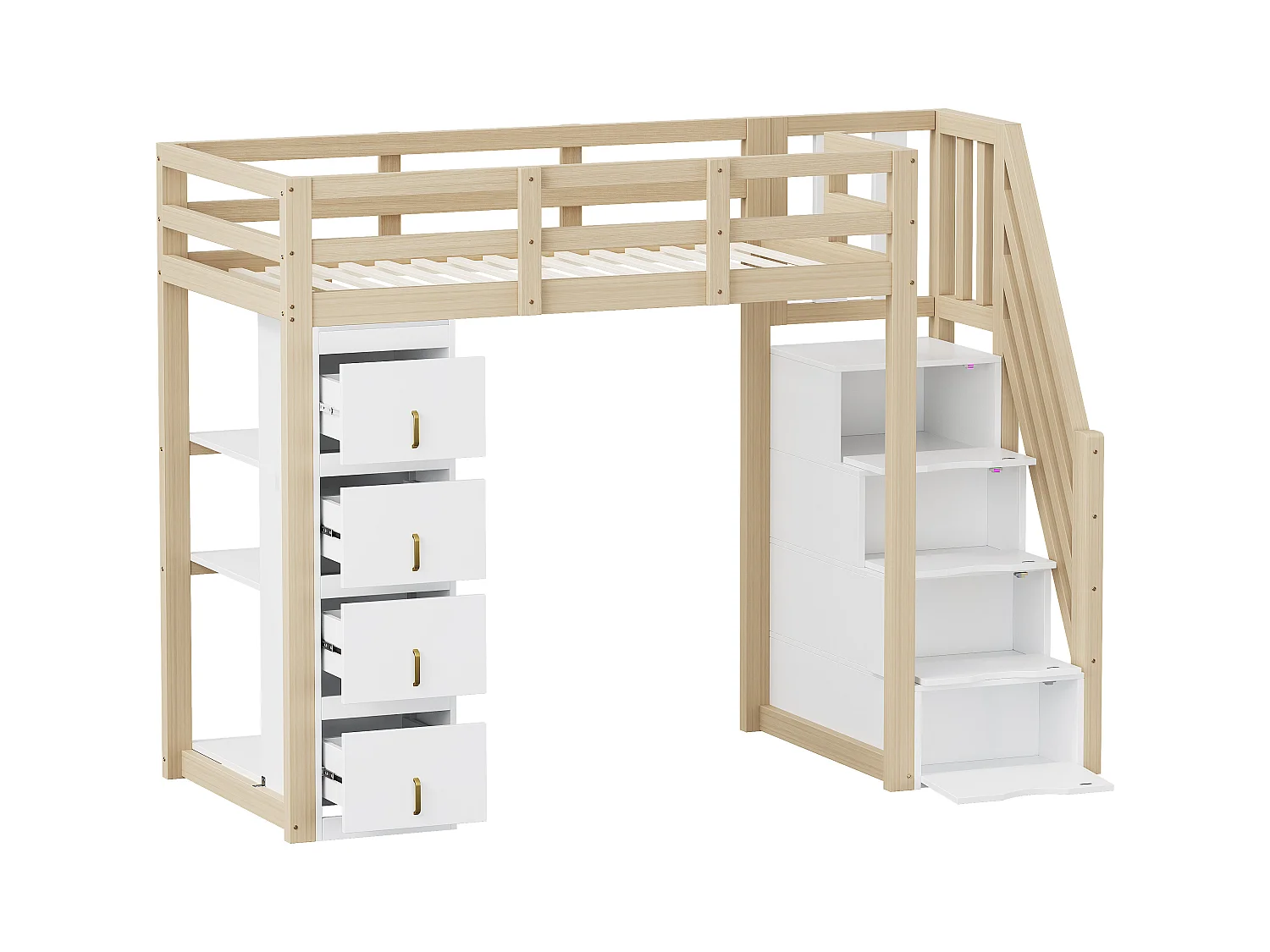 Lit mezzanine 90x200cm en bois massif - avec 4 tiroirs et escalier de rangement - Naturel (matelas non inclus)