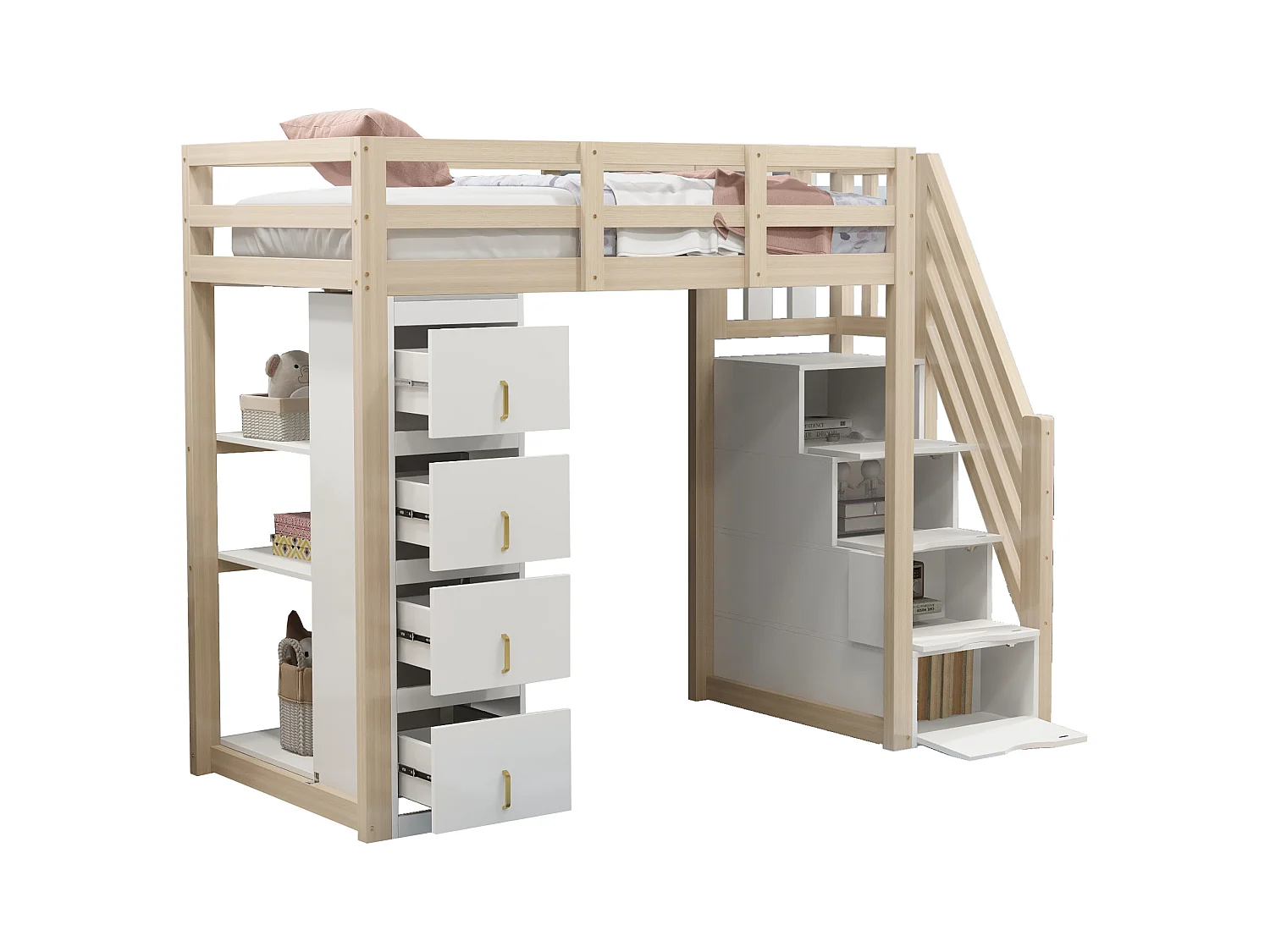 Lit mezzanine 90x200cm en bois massif - avec 4 tiroirs et escalier de rangement - Naturel (matelas non inclus)