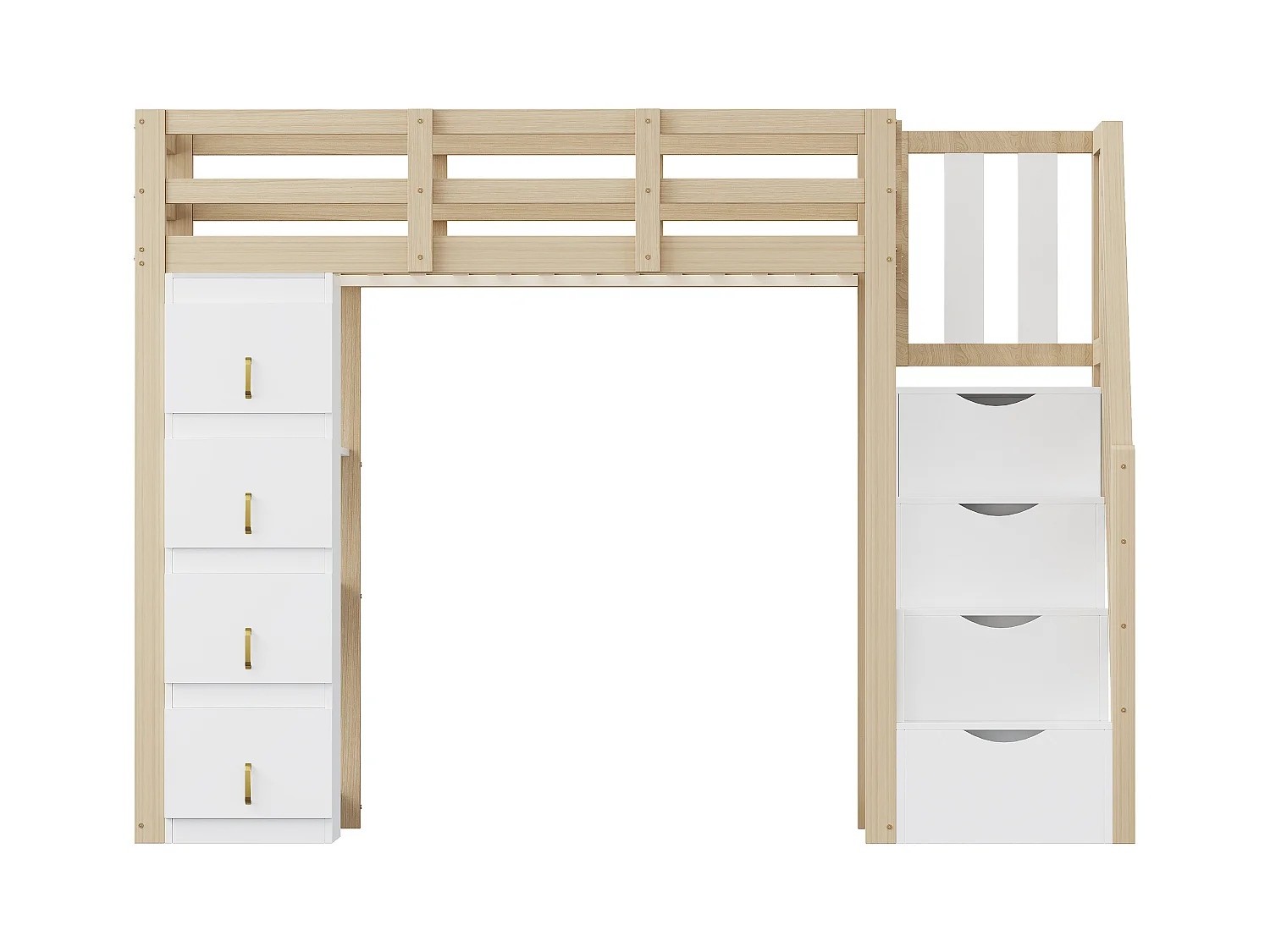 Lit mezzanine 90x200cm en bois massif - avec 4 tiroirs et escalier de rangement - Naturel (matelas non inclus)