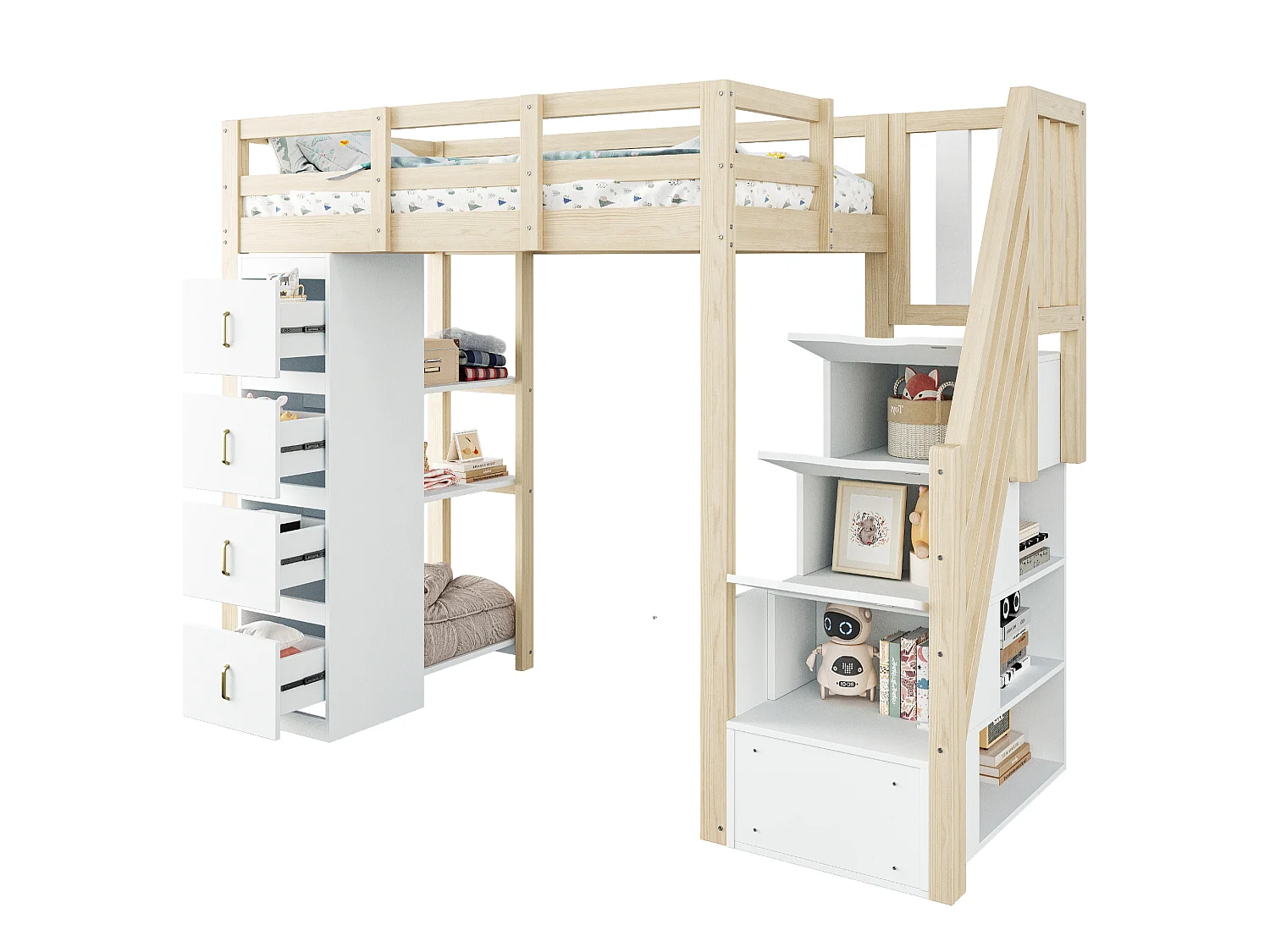 Cama mezanino 90x200cm em madeira maciça - com 4 gavetas e escada de arrumação - Natural (colchão não incluído)