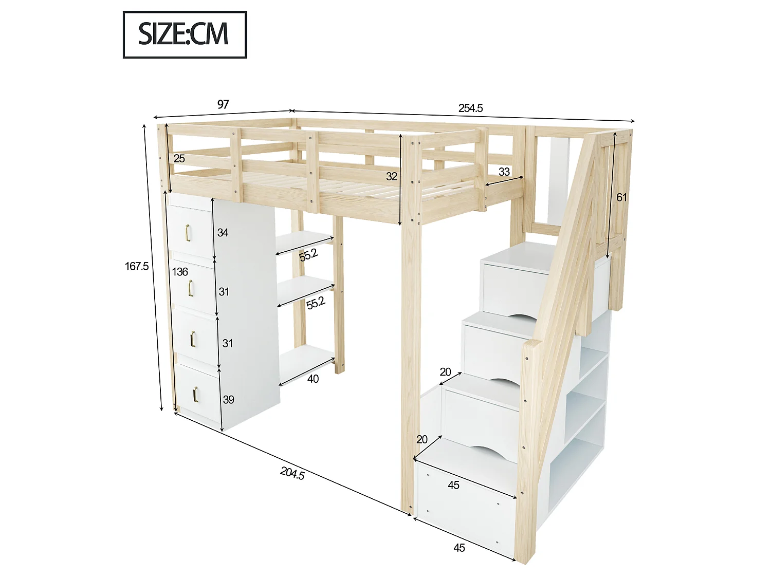 Cama mezanino 90x200cm em madeira maciça - com 4 gavetas e escada de arrumação - Natural (colchão não incluído)