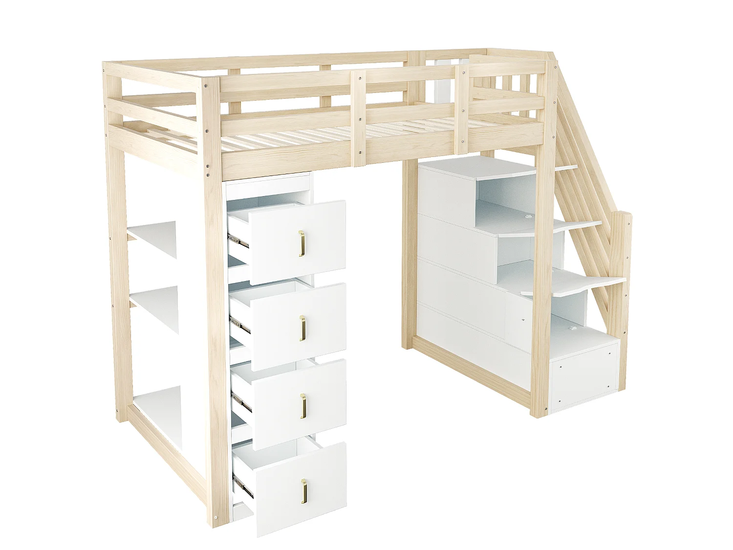 Cama mezanino 90x200cm em madeira maciça - com 4 gavetas e escada de arrumação - Natural (colchão não incluído)